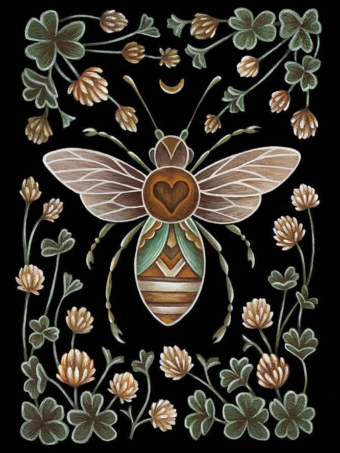 Illustration of a stylized bee with a heart on its back, surrounded by clover leaves and flowers, under a crescent moon, all on a black background.