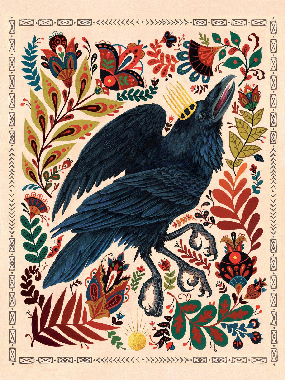 A black raven with a golden crown is surrounded by colorful, ornate floral and leaf patterns, inspired by folk art, on a beige background.