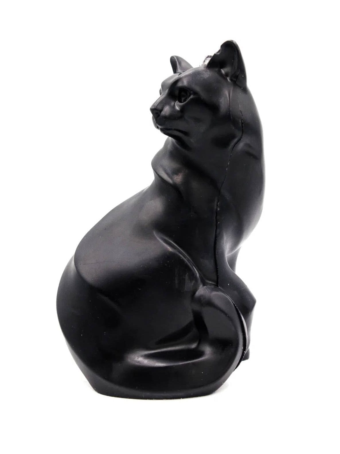 The Black Cat Pillar Candle by A Pleasant Thought features a smooth, stylized cat design with a shiny finish and elegant curves, handcrafted in Canada for a sleek decorative accent.