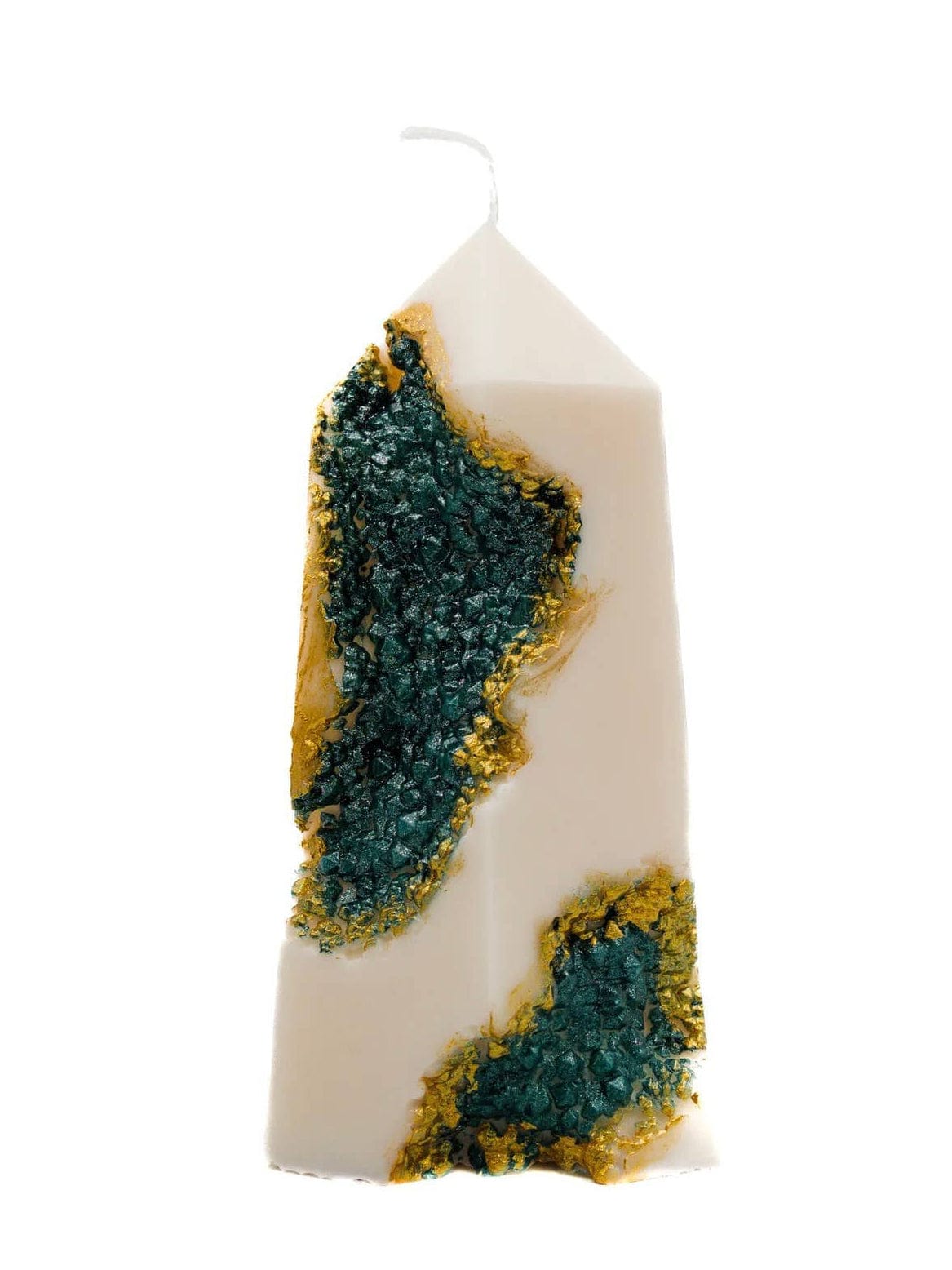 The Emerald Geode Pillar Candle by A Pleasant Thought features a white geometric soy wax design with textured green and gold crystal-like accents, a flat base, pointed top, and visible wick.