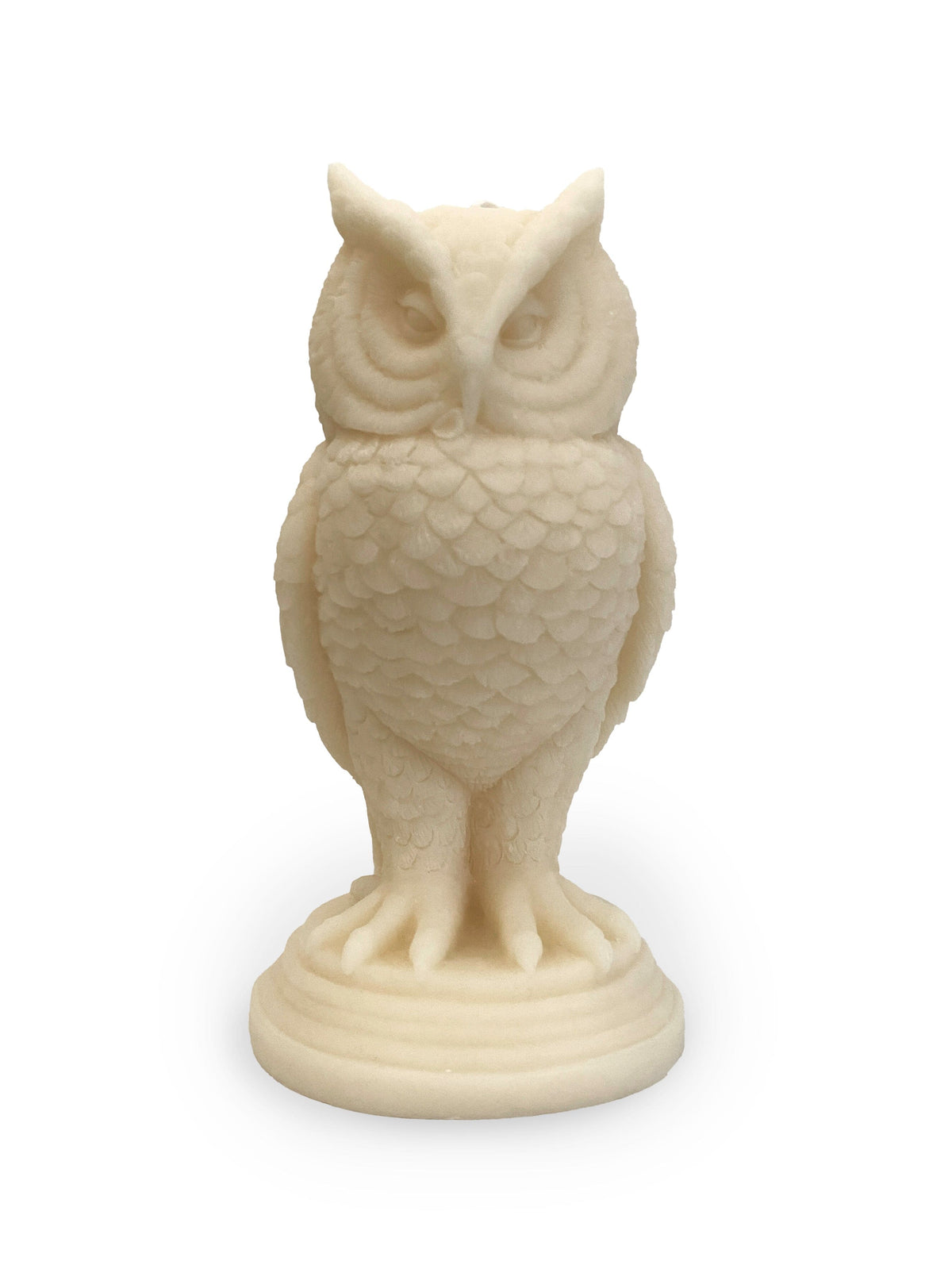 The Snowy Owl Pillar Candle by A Pleasant Thought is a handcrafted soy wax candle from Canada, featuring detailed feathers and prominent eyes on a round base, presented in white.