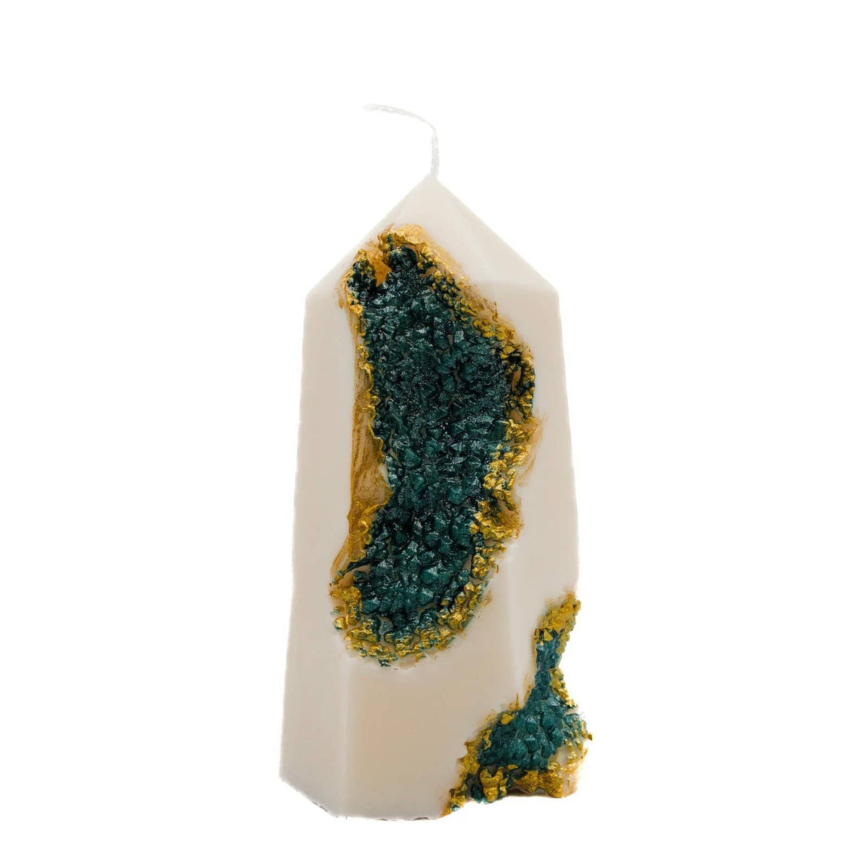 The Emerald Geode Pillar Candle by A Pleasant Thought is a tall, white soy wax candle with teal and gold crystal-like accents and a geometric design—finished with a white wick emerging from its pointed top.