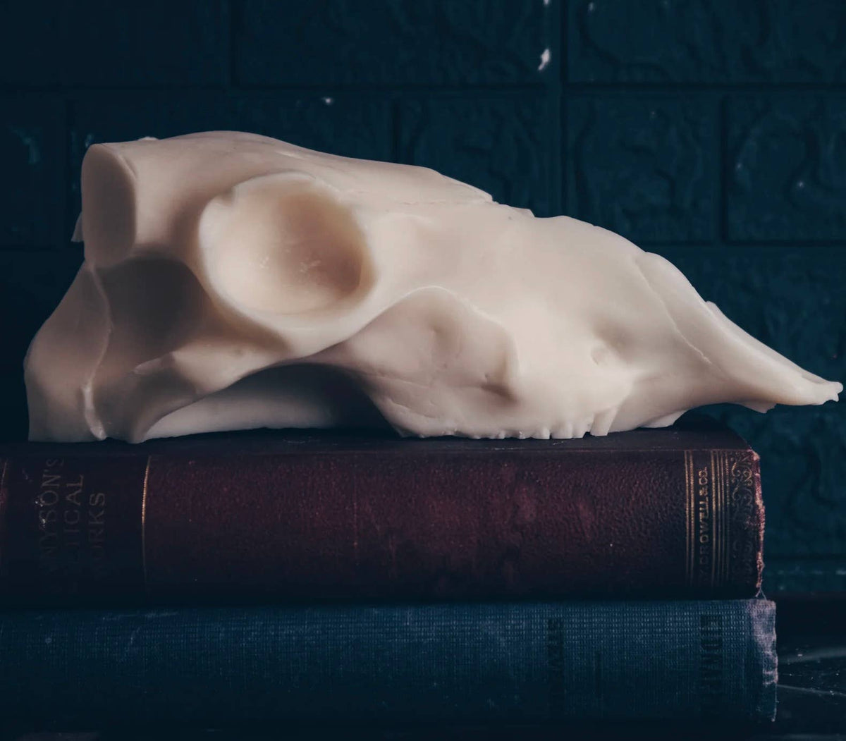The Ram Skull Pillar Candle by A Pleasant Thought, with creamy soy wax, sits on stacked old books with dark covers, casting subtle shadows against a dark background—artfully handcrafted in Canada.