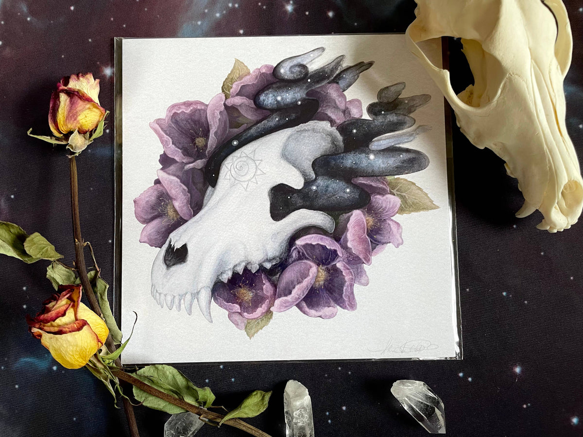 Amanda Tulacz Illustration Giclee Print "Tranquility" Wolf Skull Art Print, witchy art, watercolor