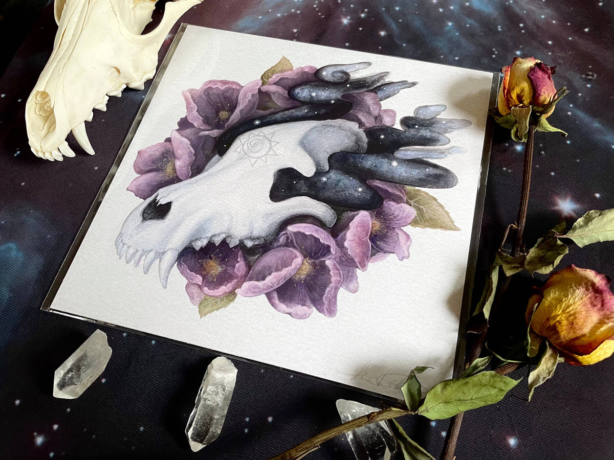 Amanda Tulacz Illustration Giclee Print "Tranquility" Wolf Skull Art Print, witchy art, watercolor