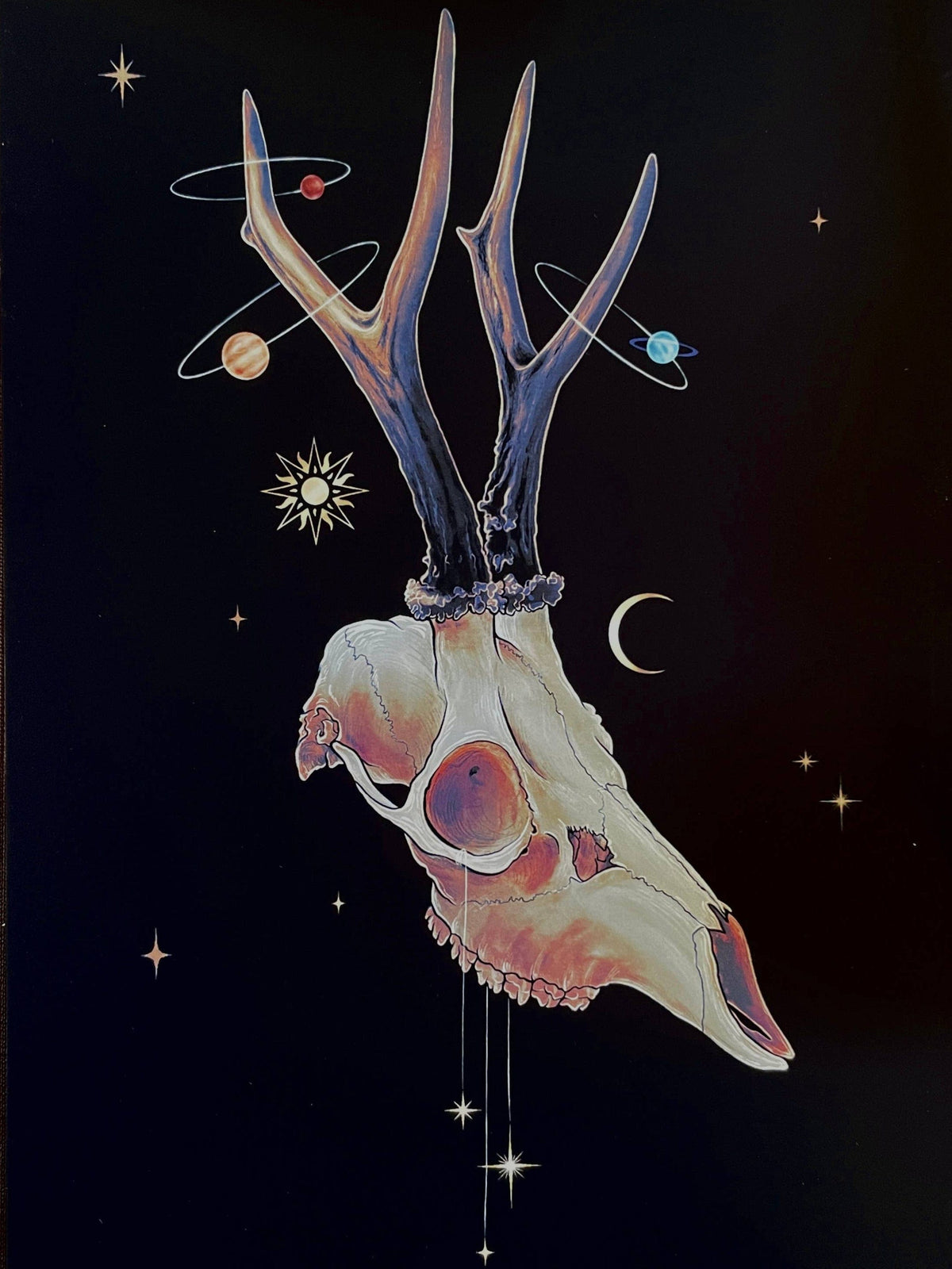 Lost in Orbit Art Print (7x5) by Amanda Tulacz Illustration depicts a roe deer skull with antlers, planets, stars, and a crescent moon—all set against a dark background—printed on archival cardstock.