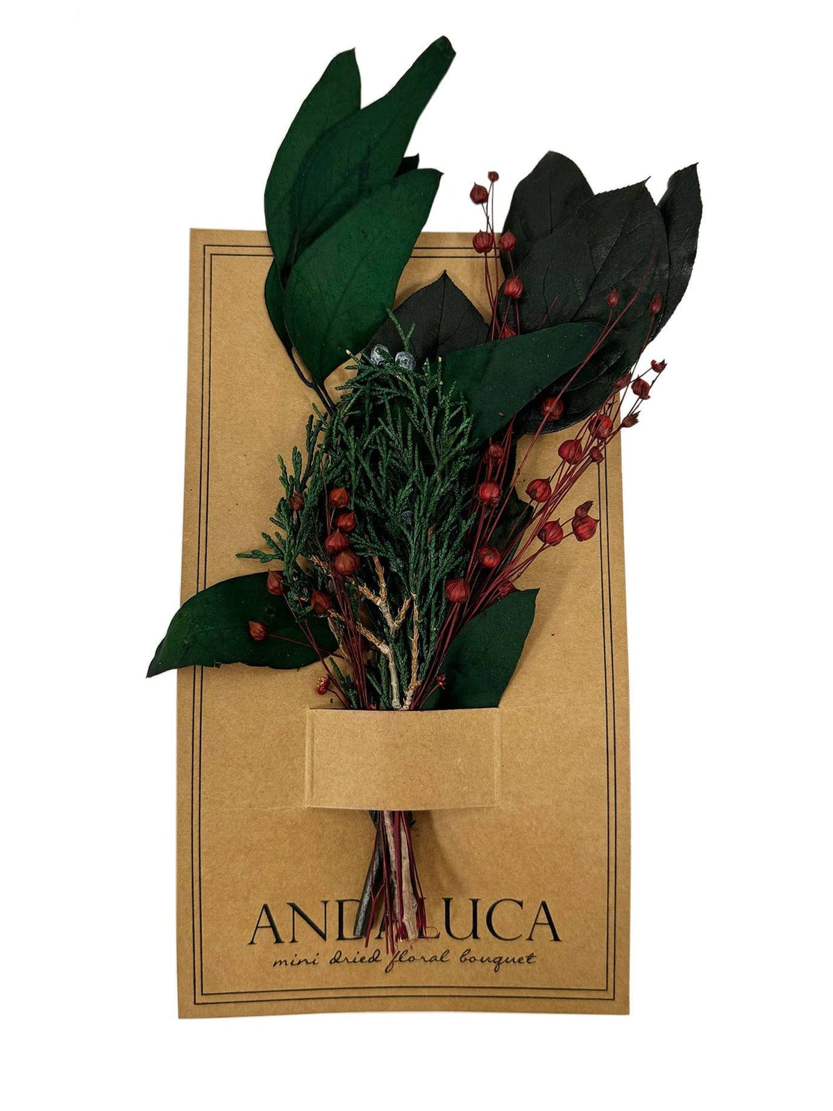 The Winter Juniper Mini Bouquet by Andaluca, featuring green eucalyptus and red berries, is attached to a brown card labeled Andaluca mini dried floral bouquet on a white background.