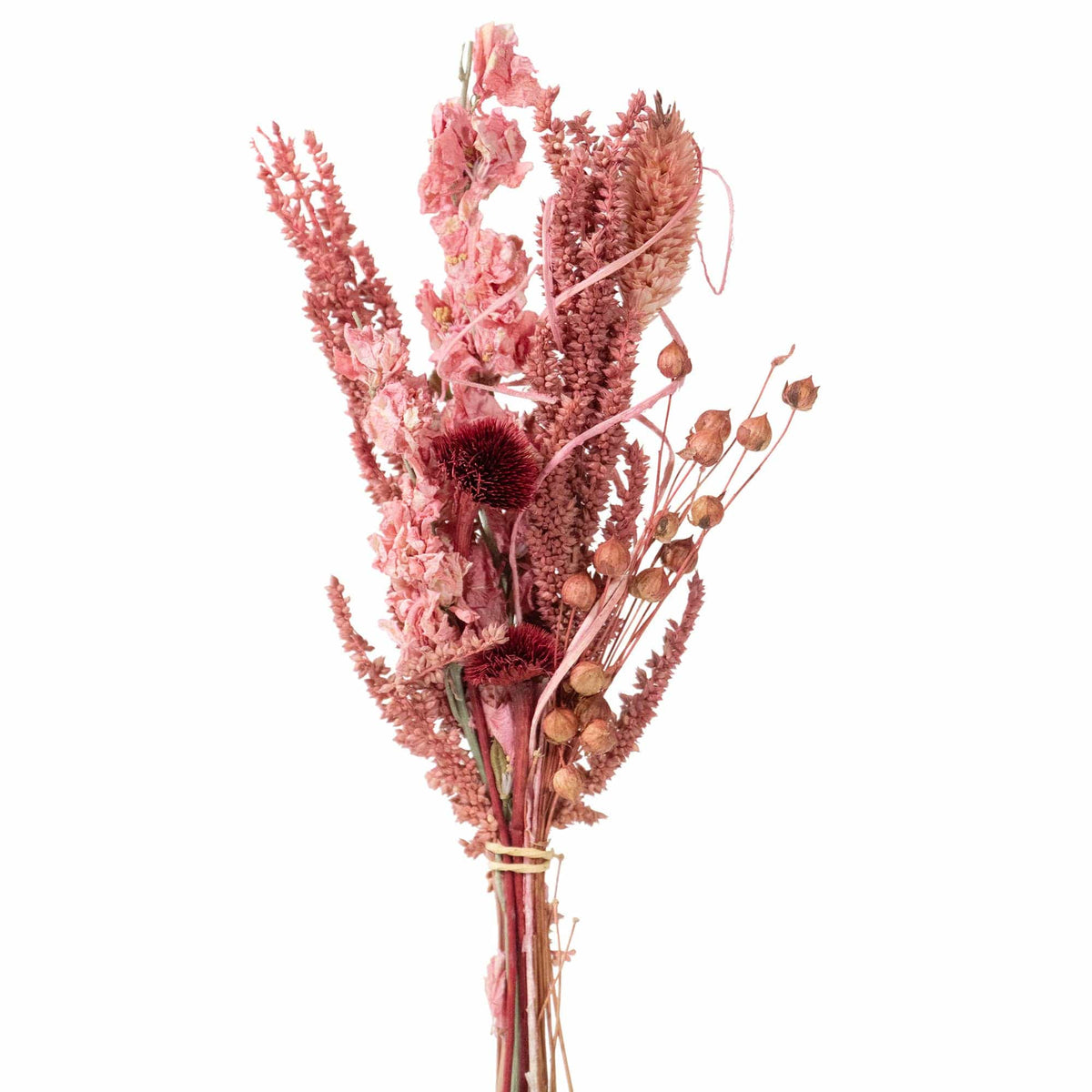 The Andaluca Pink Wildflower Mini Bouquet features dried pink and reddish flowers and grasses, tied with a light-colored string for a charming decorative accent against a white background.
