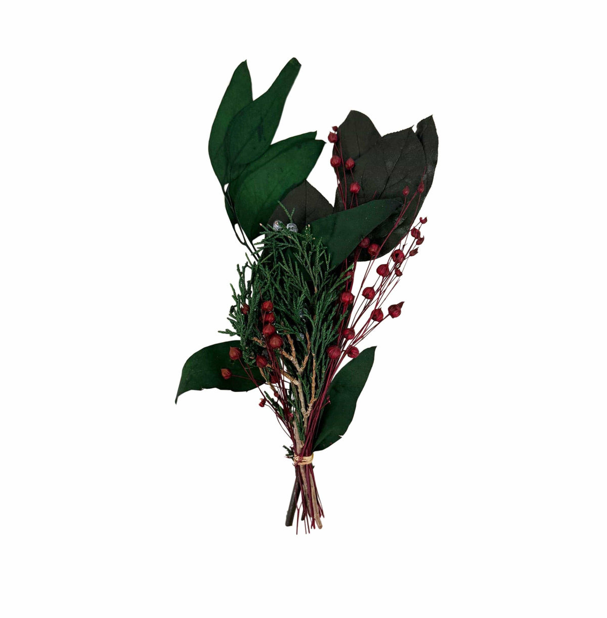 The Andaluca Winter Juniper Mini Bouquet features assorted dried greens, including willow eucalyptus and red berries, handcrafted and bound with a rubber band against a white background.