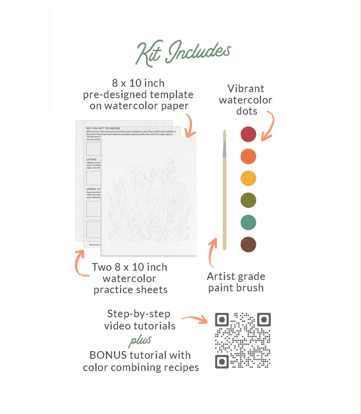 The Breathe People Desert Cactus All-In-One Beginner Watercolor Kit includes an 8x10 template, two practice sheets, vibrant watercolor dots, an artist-grade brush, plus step-by-step video tutorials with a QR code for a bonus lesson.
