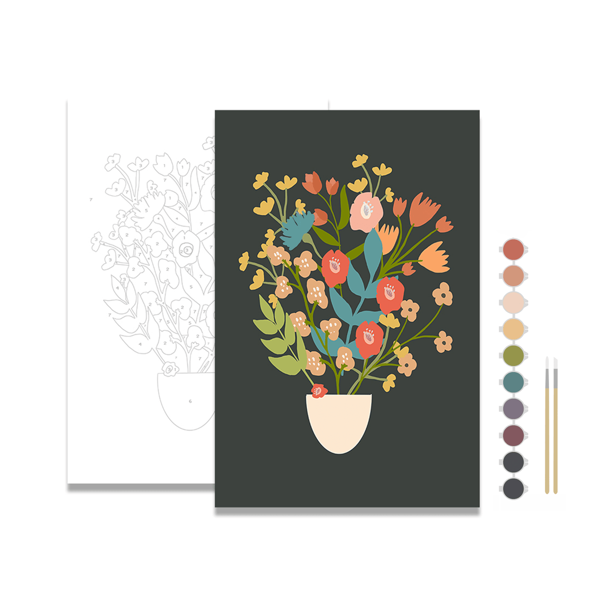 The Breathe People Flower Bouquet Paint by Number Kit includes an outlined canvas, vibrant paint pots, two brushes, and a completed example for a relaxing art experience featuring a colorful bouquet in a vase.