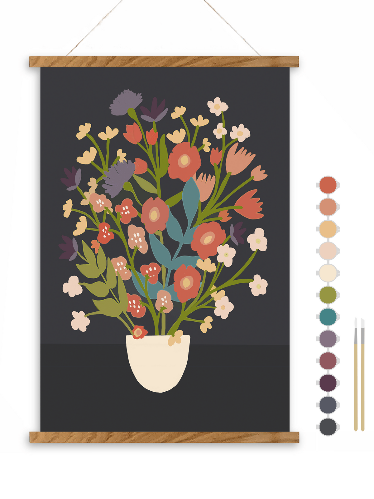 The Flower Bouquet Paint by Number Kit by Breathe People features a vibrant vase of flowers on a dark background, shown with paint swatches and two brushes—a perfect meditative art kit for relaxation.