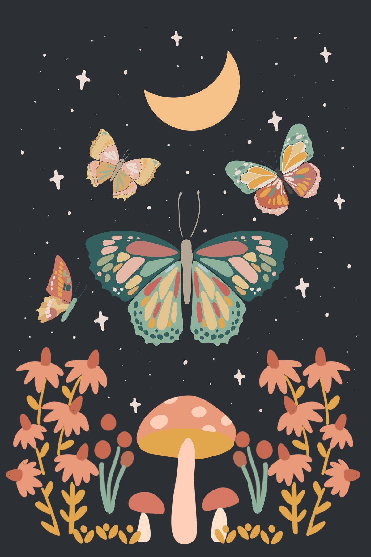 “Night Butterfly Garden” Paint by Number Kit from Breathe People features a whimsical scene of butterflies, crescent moon, stars, mushrooms, and flowers in pastel hues on a dark background—perfect for meditative art and self care.