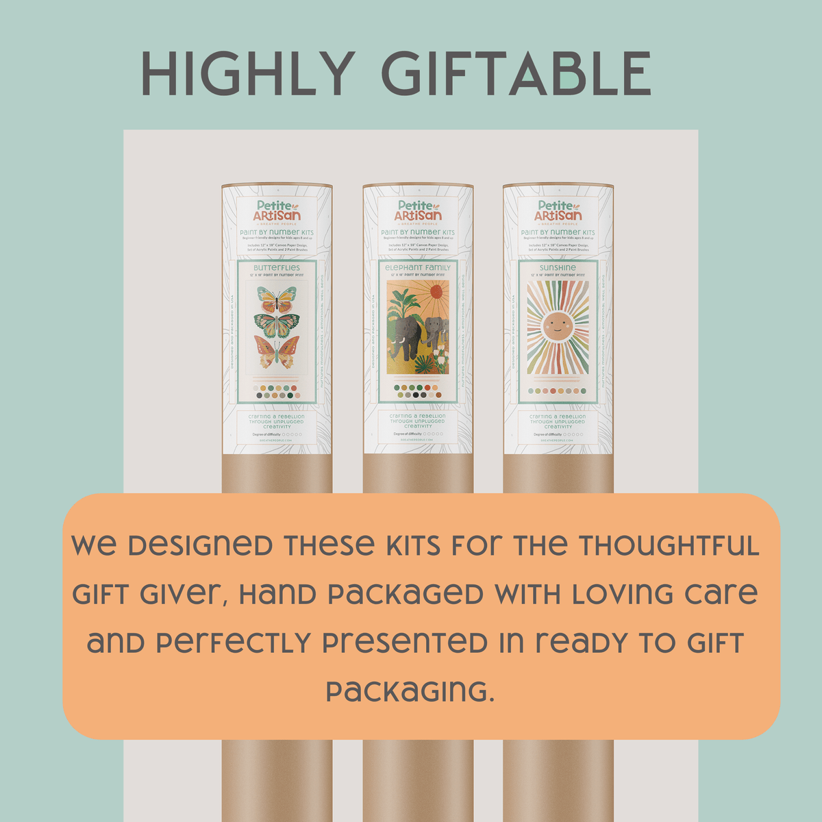 Three cylindrical Night Butterfly Garden Paint by Number Kits from Breathe People, each with vibrant butterfly, wave, and sun labels, are displayed upright. Text: “Highly Giftable” highlights their thoughtful packaging for gifting.
