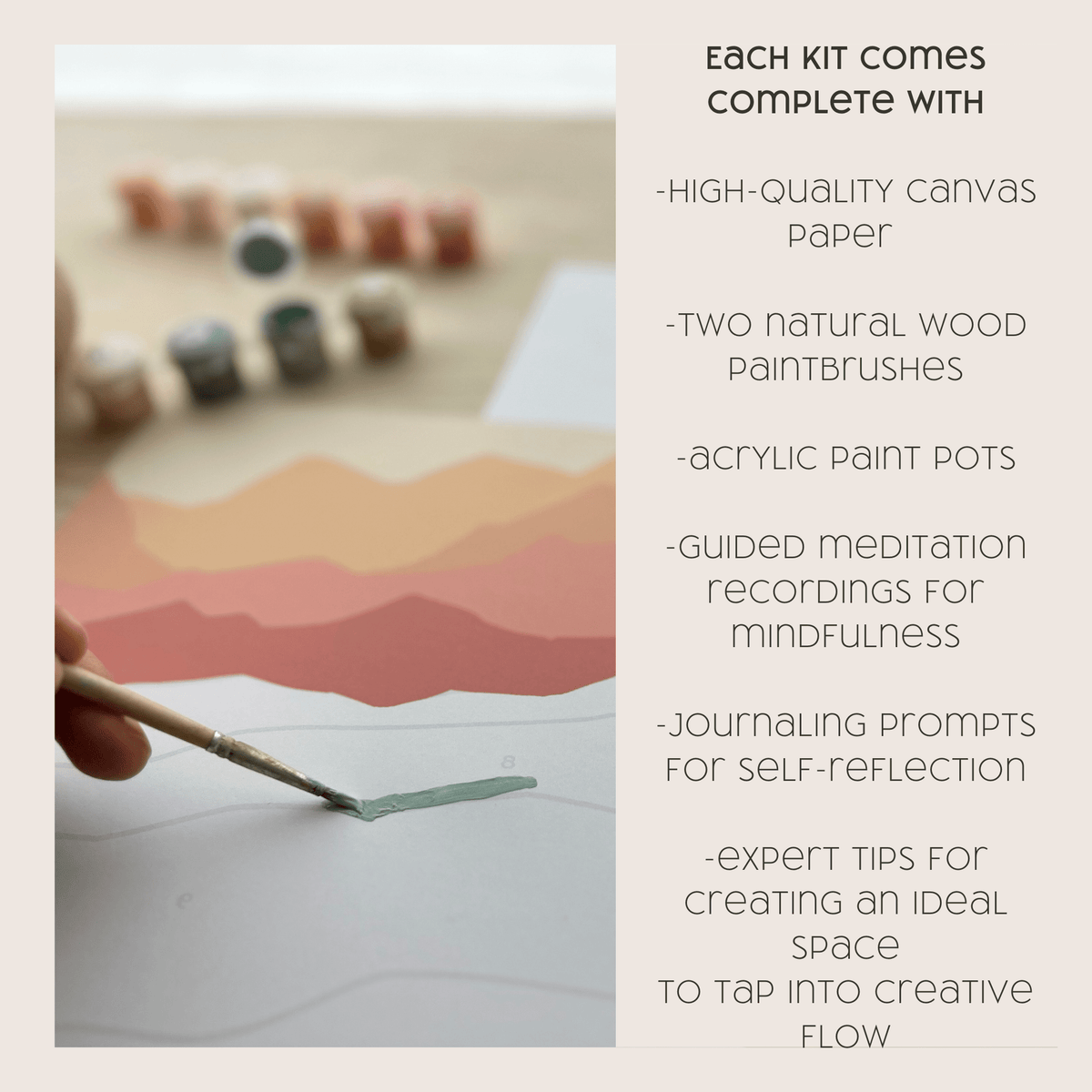 A hand paints a pastel landscape with the Night Butterfly Paint by Number Kit from Breathe People. Acrylic paint pots, brushes, and supplies accompany guided recordings, prompts, and creative tips for a meditative art experience.