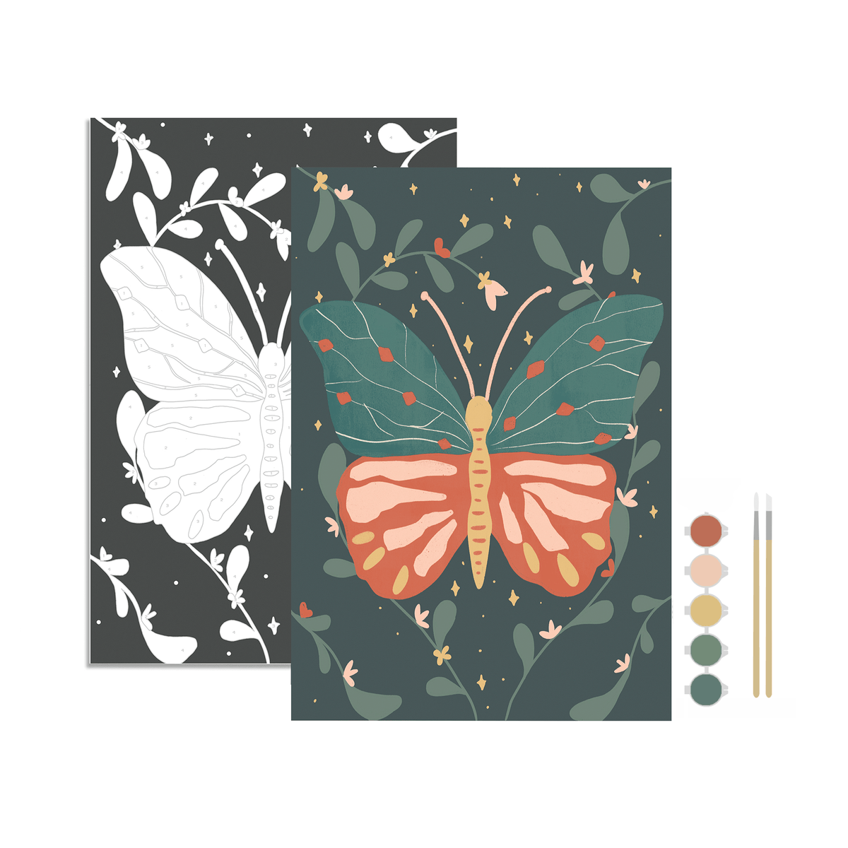 The Night Butterfly Paint by Number Kit by Breathe People features two butterfly canvases—one painted in green, orange, and coral, one unpainted—plus four paint pots and two brushes, all shown on a white background.