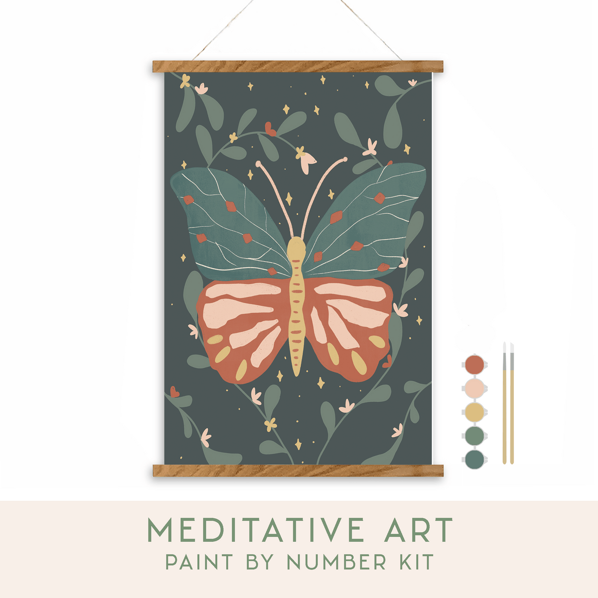 Night Butterfly Paint by Number Kit by Breathe People: A vibrant butterfly with green and pink wings amidst leaves and flowers, framed in wood. Includes paints, brushes, and is perfect for therapeutic self-care.