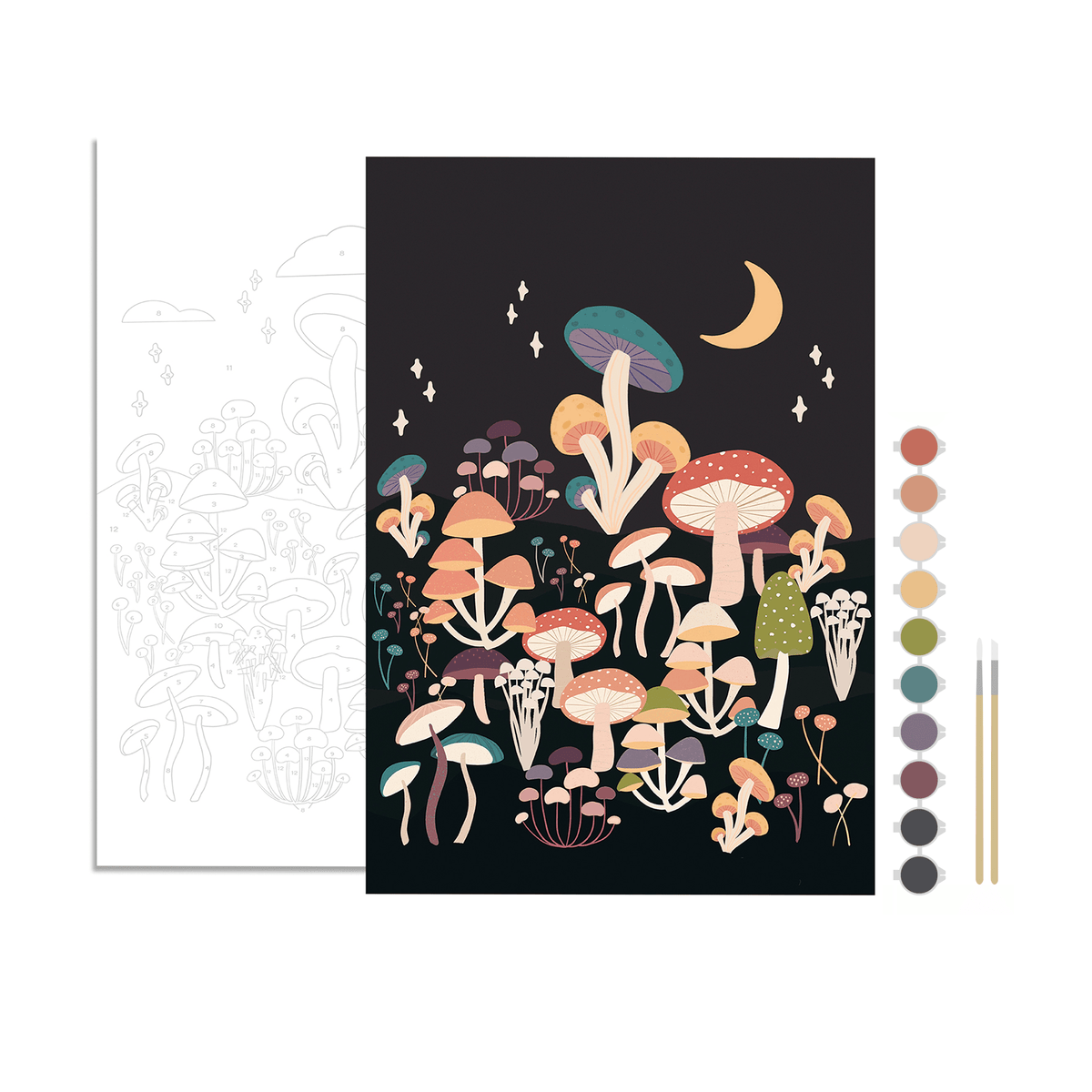 The Breathe People Night Mushrooms Paint by Number Kit includes a black-and-white outline of vibrant night mushrooms under a crescent moon, plus paint pots and brushes for creative or meditative painting.