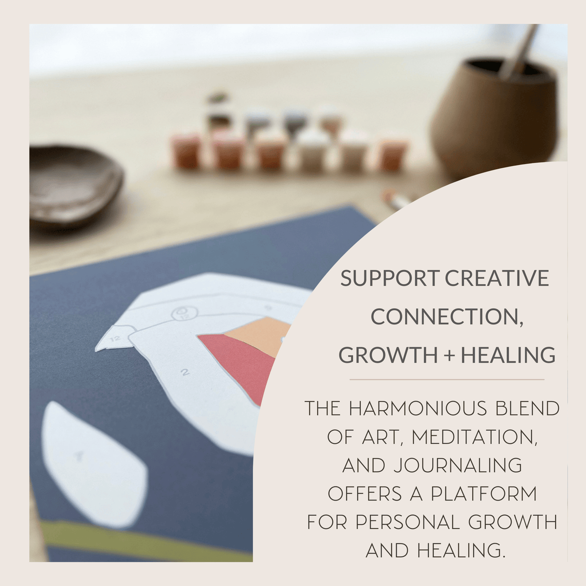 A blurred art workspace with paint pots and brushes in the background, and the “Night Mushrooms” Paint by Number Kit from Breathe People in the foreground. Text reads: “Support creative connection, growth + healing…”.
