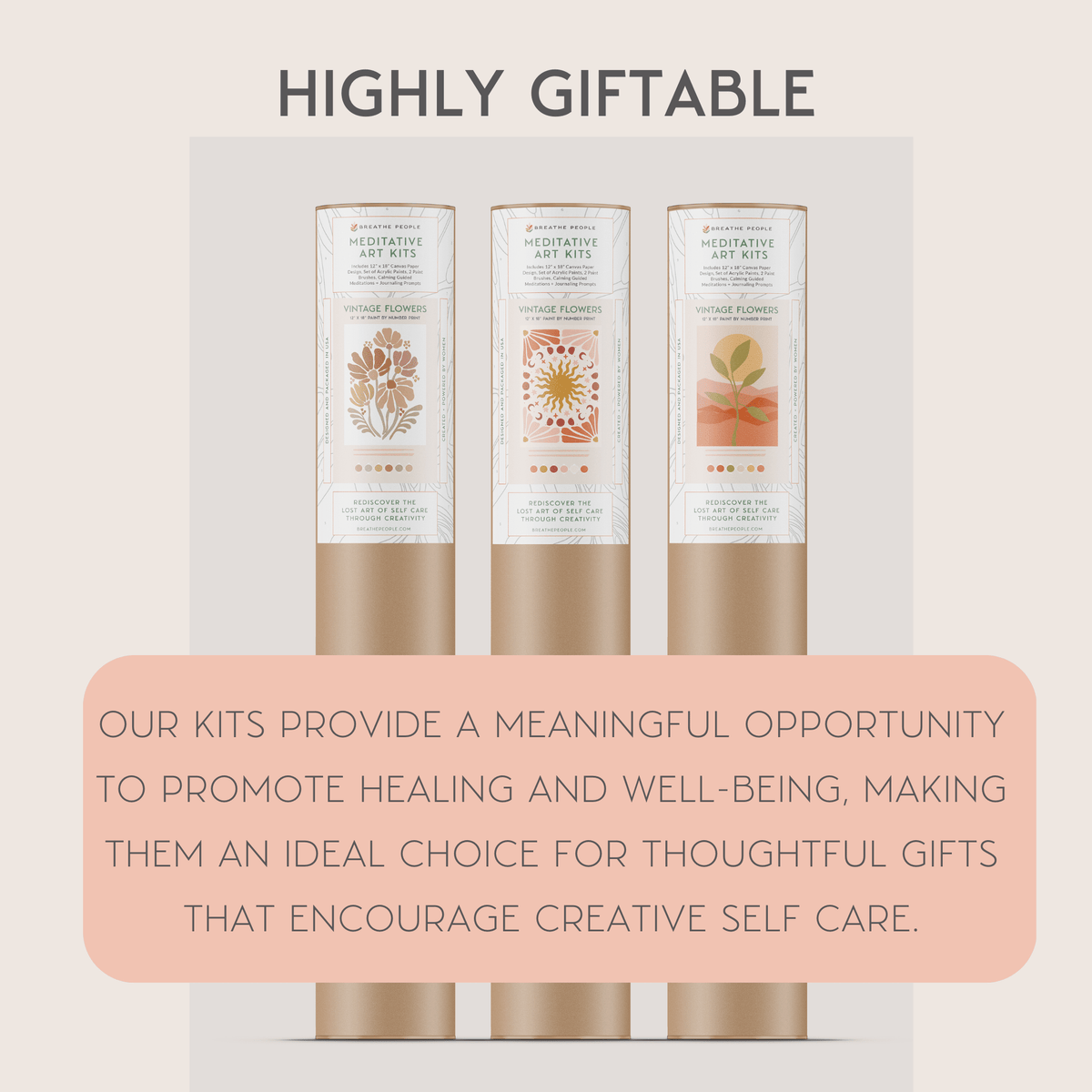 Three cylindrical “Night Mushrooms” Paint by Number Kits from Breathe People, with floral designs, stand upright. The text Highly Giftable appears above, and a highlighted box notes these kits promote healing and creative self-care.