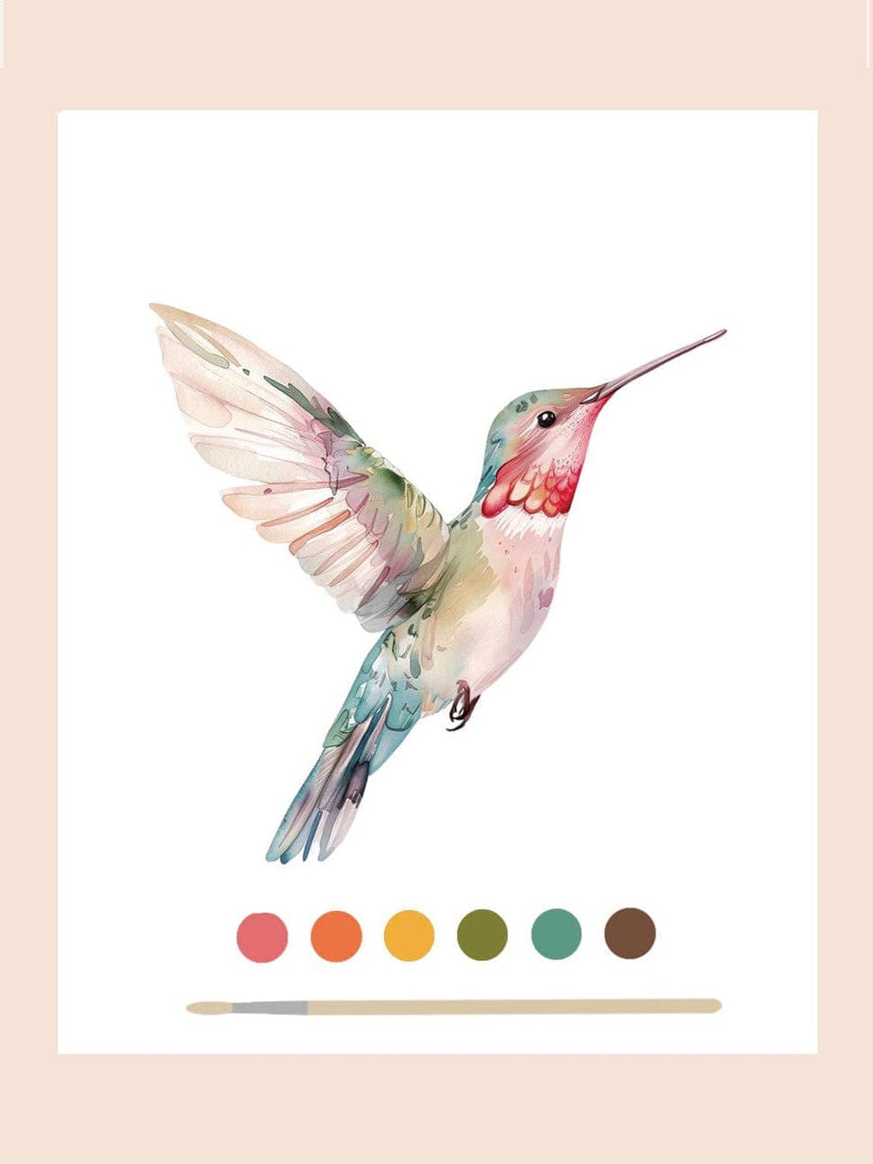 The Breathe People All-In-One Beginner Watercolor Kit - Hummingbird features a watercolor illustration of a vibrant hummingbird with matching color swatches in a beige frame—perfect inspiration for starting your painting journey.