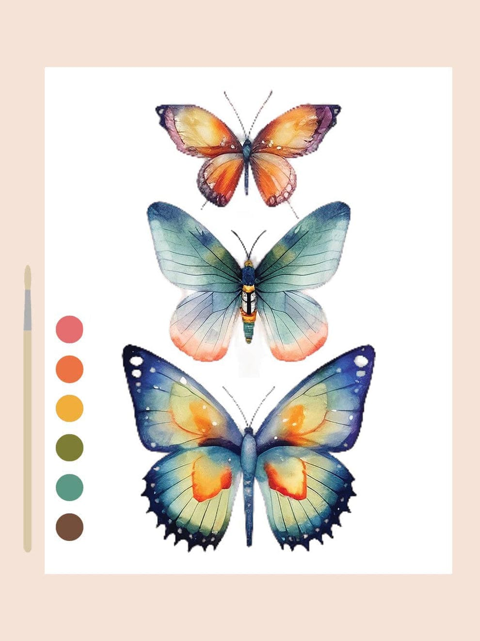 Three watercolor butterflies in orange, yellow, green, and blue are arranged vertically beside a paintbrush and matching color palette from the Butterflies All-In-One Beginner Watercolor Kit by Breathe People, set against a beige background.