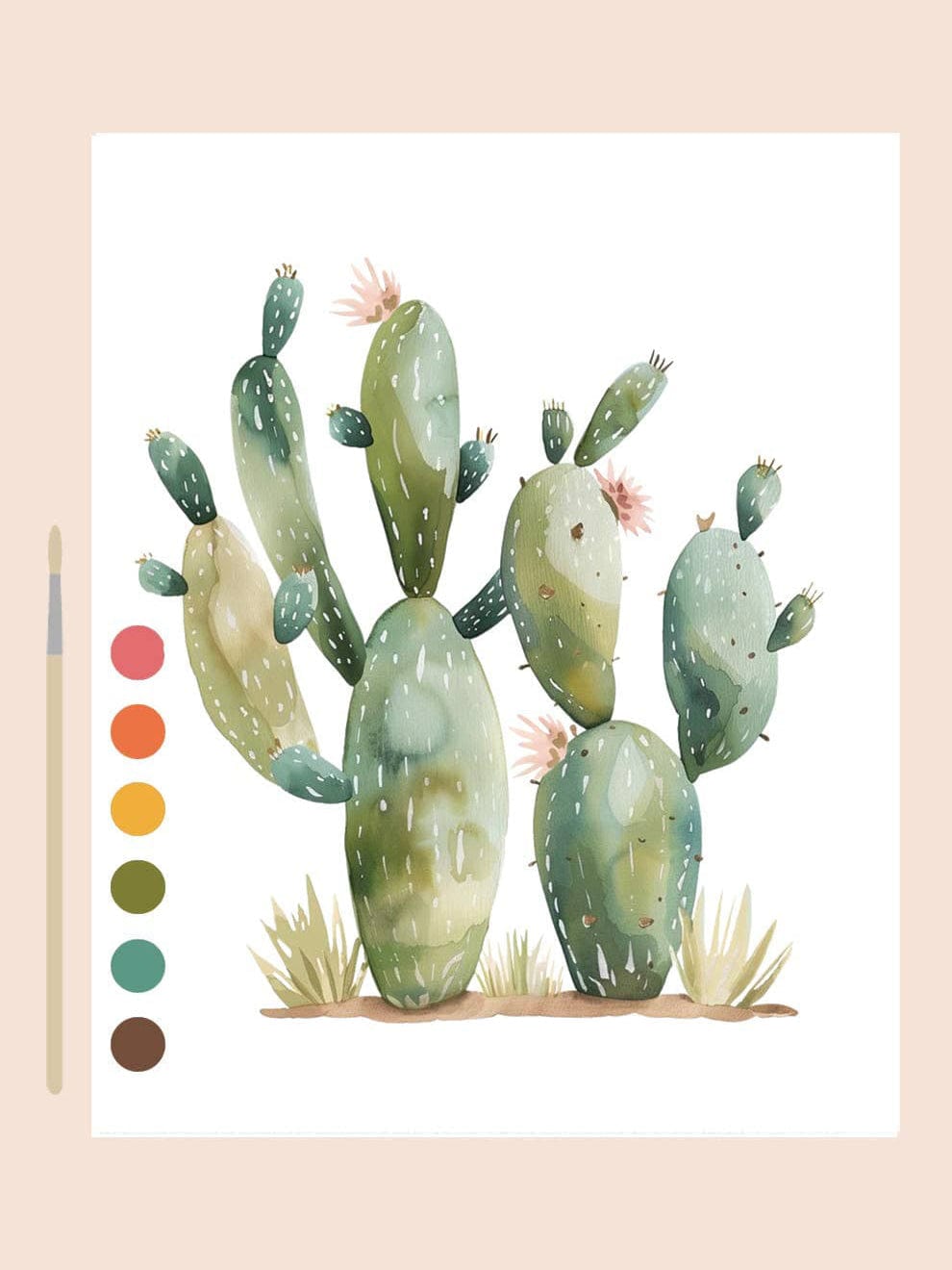 A watercolor painting of a prickly pear cactus with green pads, pink flowers, grass, a six-color palette, and a paintbrush—perfect for any beginner. Desert Cactus All-In-One Beginner Watercolor Kit by Breathe People.