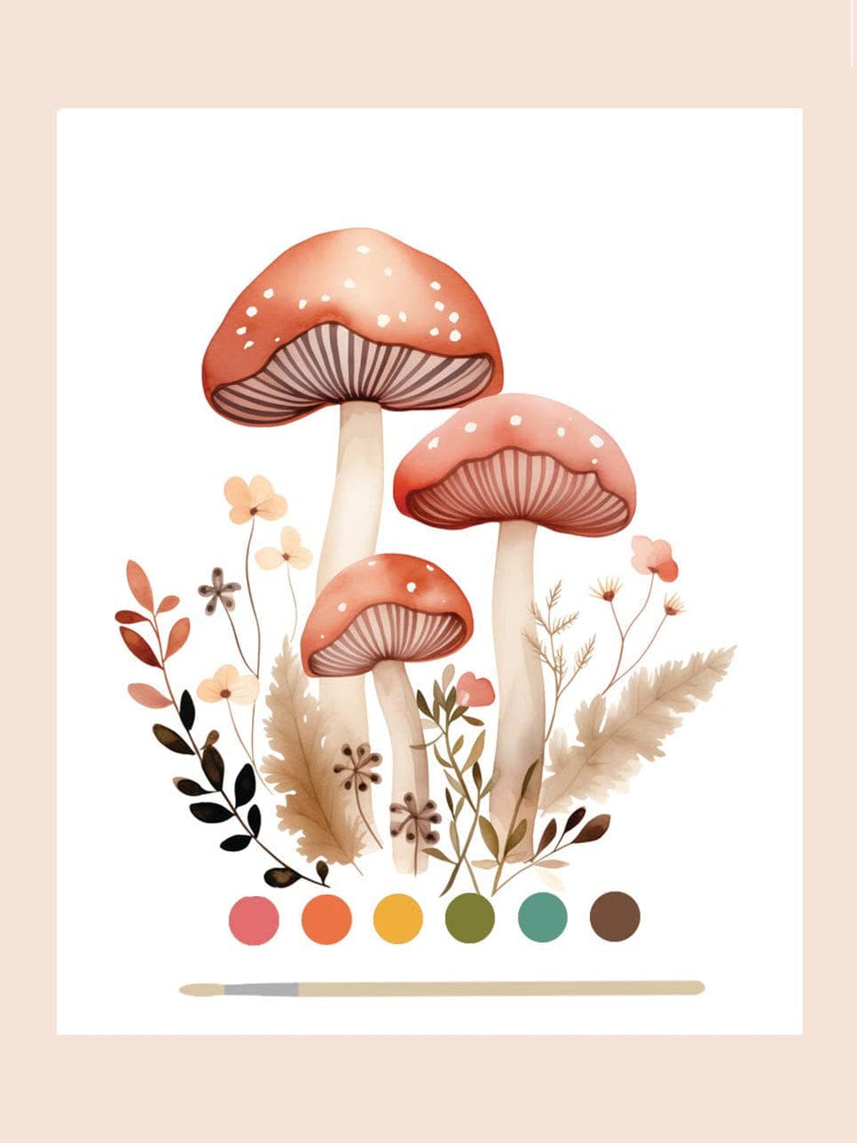 The Mushroom Forest All-In-One Watercolor Kit by Breathe People features three red mushrooms with white spots, earthy-toned flowers, and six vibrant colors displayed beneath them on a clean white background—ideal for beginners.