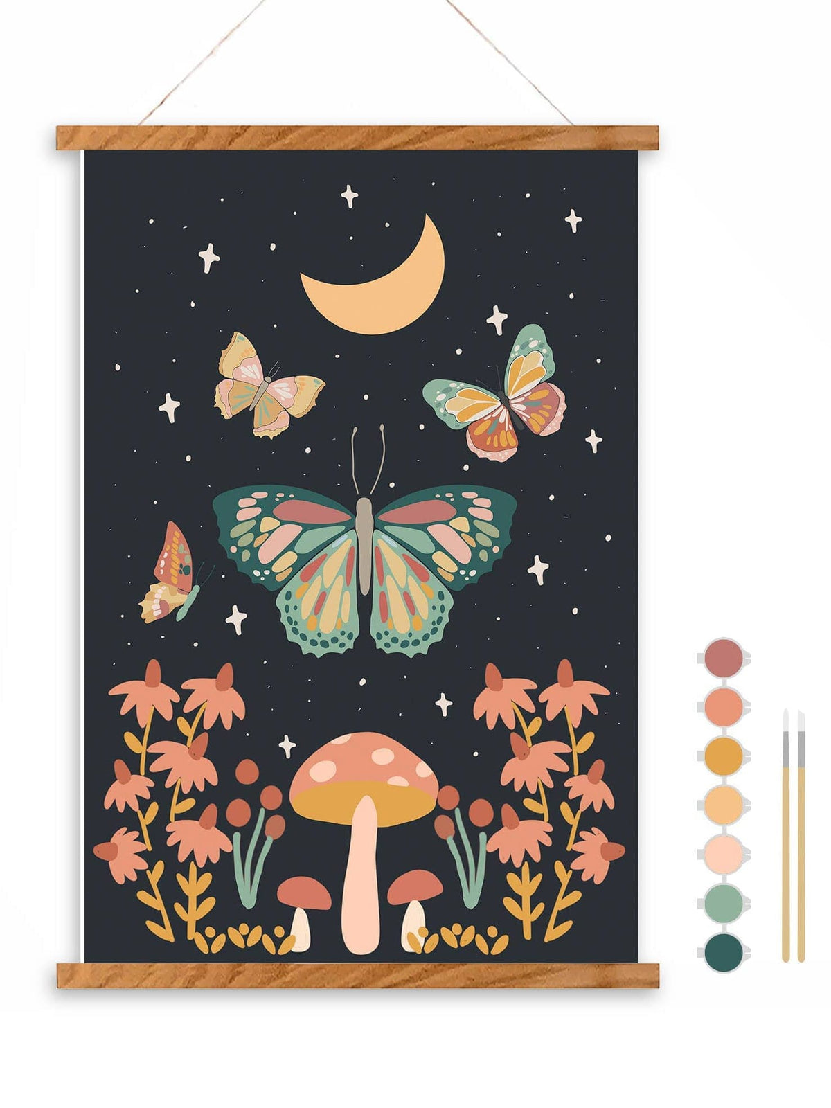 The Night Butterfly Garden Paint by Number Kit by Breathe People features butterflies, a crescent moon, and stars over mushrooms and flowers on a dark background—a relaxing, self-care art activity with paint and brushes included.