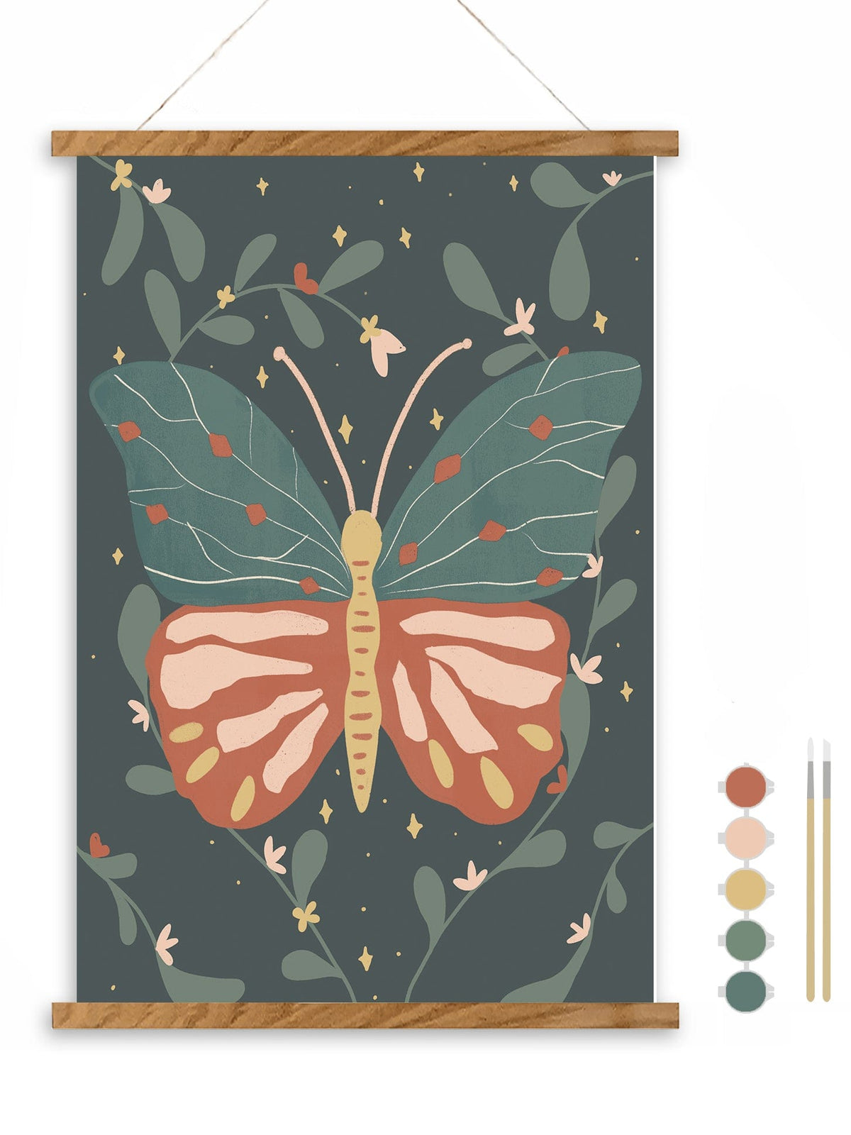 Night Butterfly Paint by Number Kit from Breathe People features a vibrant butterfly with green and orange wings amid flowers on a dark background, displayed in a wooden frame. Includes brushes and palette for a relaxing, meditative art experience.