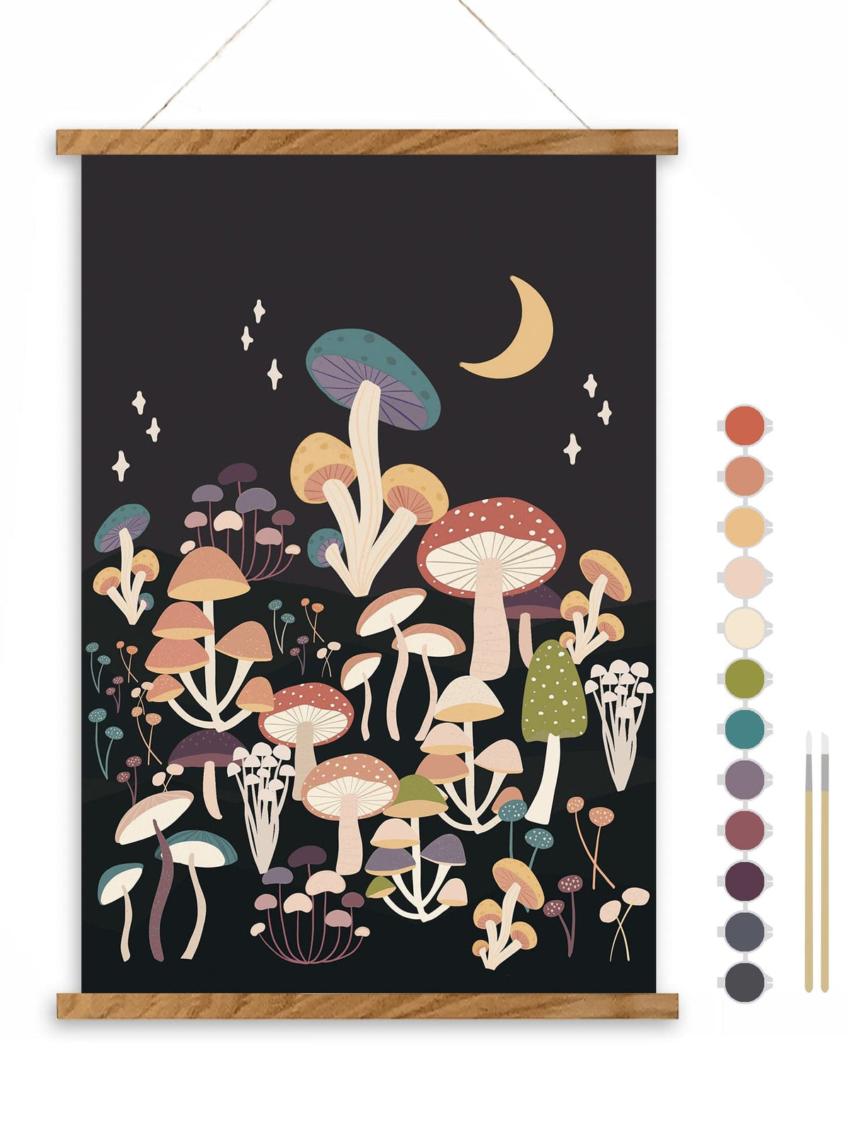 The Night Mushrooms Paint by Number Kit by Breathe People features a vibrant scene of mushrooms, a crescent moon, and stars on a dark background. The set includes paint color swatches and brushes, framed in wood for meditative creativity.