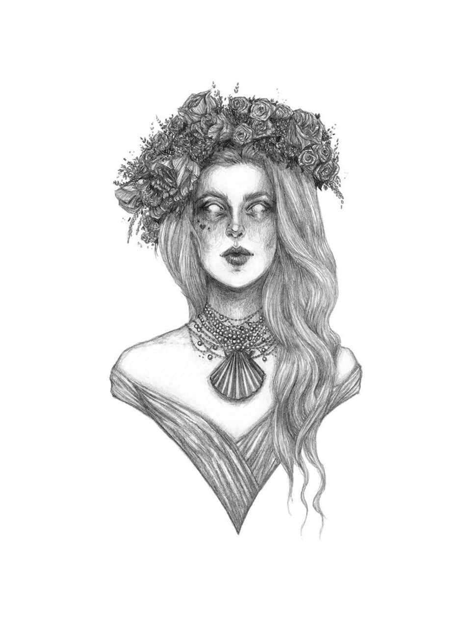 The Aphrodite Fine Art Print (10x8) by Caitlin McCarthy Art features a pencil portrait of a woman with blank eyes, wavy hair, and a floral crown, beautifully capturing her goddess-like allure on archival matte paper.