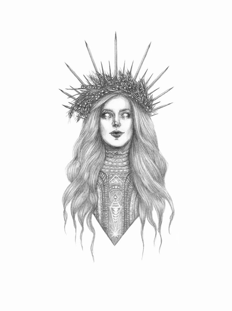 Demeter Fine Art Print by Caitlin McCarthy Art features a pencil drawing of a woman with long, wavy hair, spiked crown, and patterned armor on a white background. Available as a 10x8 archival matte paper print.