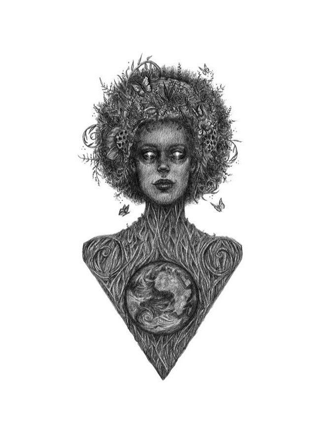 The Gaia Fine Art Print by Caitlin McCarthy Art (10 x 8) features a surreal black-and-white portrait of the Greek Goddess of Earth with foliage, butterflies, tree-like shoulders, and an Earth motif—perfect for archival matte paper display.