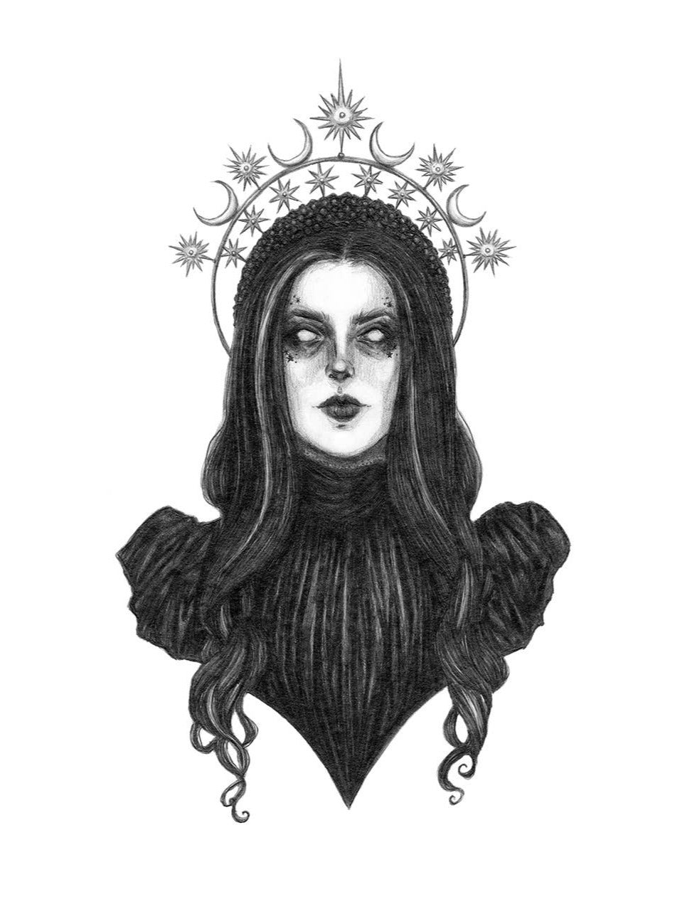 Nyx Fine Art Print by Caitlin McCarthy Art features a black and white gothic portrait of a woman inspired by the Greek Goddess of the Night, with a crescent moon and star halo. Available in 10x8 on archival matte paper.
