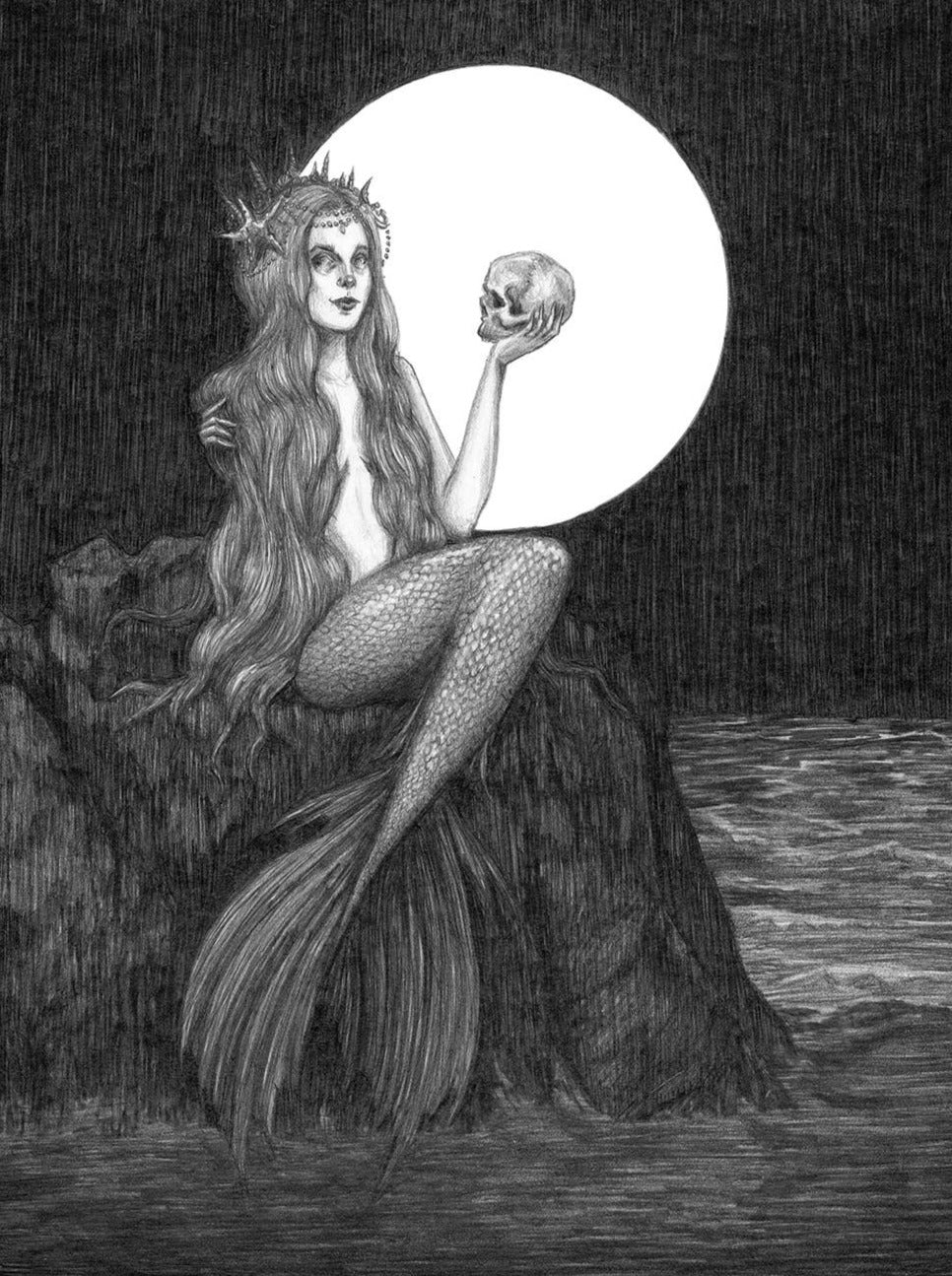 “Ondine” Fine Art Print by Caitlin McCarthy Art features a Gothic mermaid with long hair, seated on a rock under a full moon, holding a skull. This detailed black and white 10 x 8 artwork evokes Sea Siren legends—perfect for any collection.