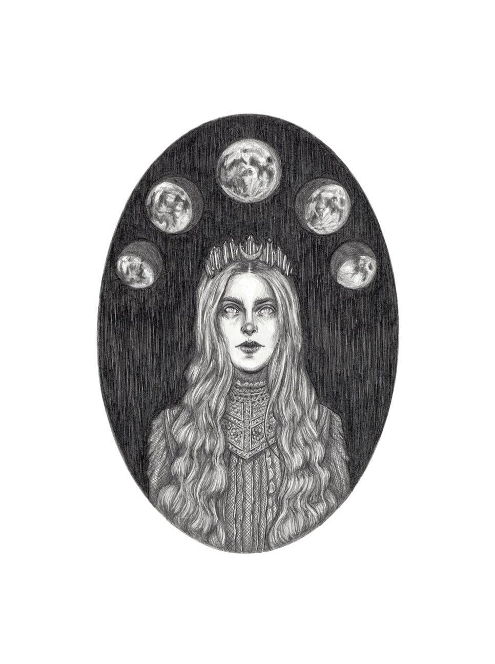 Selene Fine Art Print (10x8) by Caitlin McCarthy Art: A striking black and white portrait of a long-haired woman in ornate attire, crowned beneath five floating moons, set against a dark oval background—perfect for art lovers.