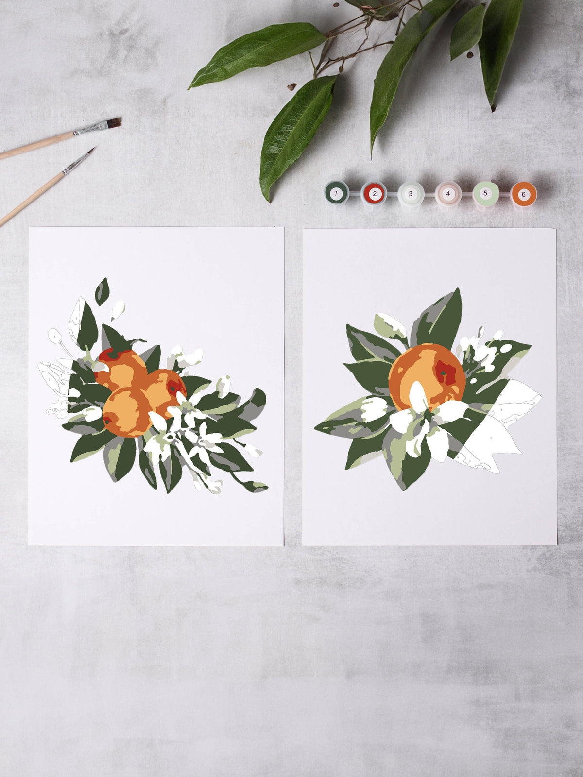 The Cate Paper Co. DIY Art Orange Blossoms Paint-By-Numbers Kit includes two orange and green leaf artworks on white paper, a paintbrush, six paint pots, and a leafy branch for display, capturing the charm of Orange Blossoms.