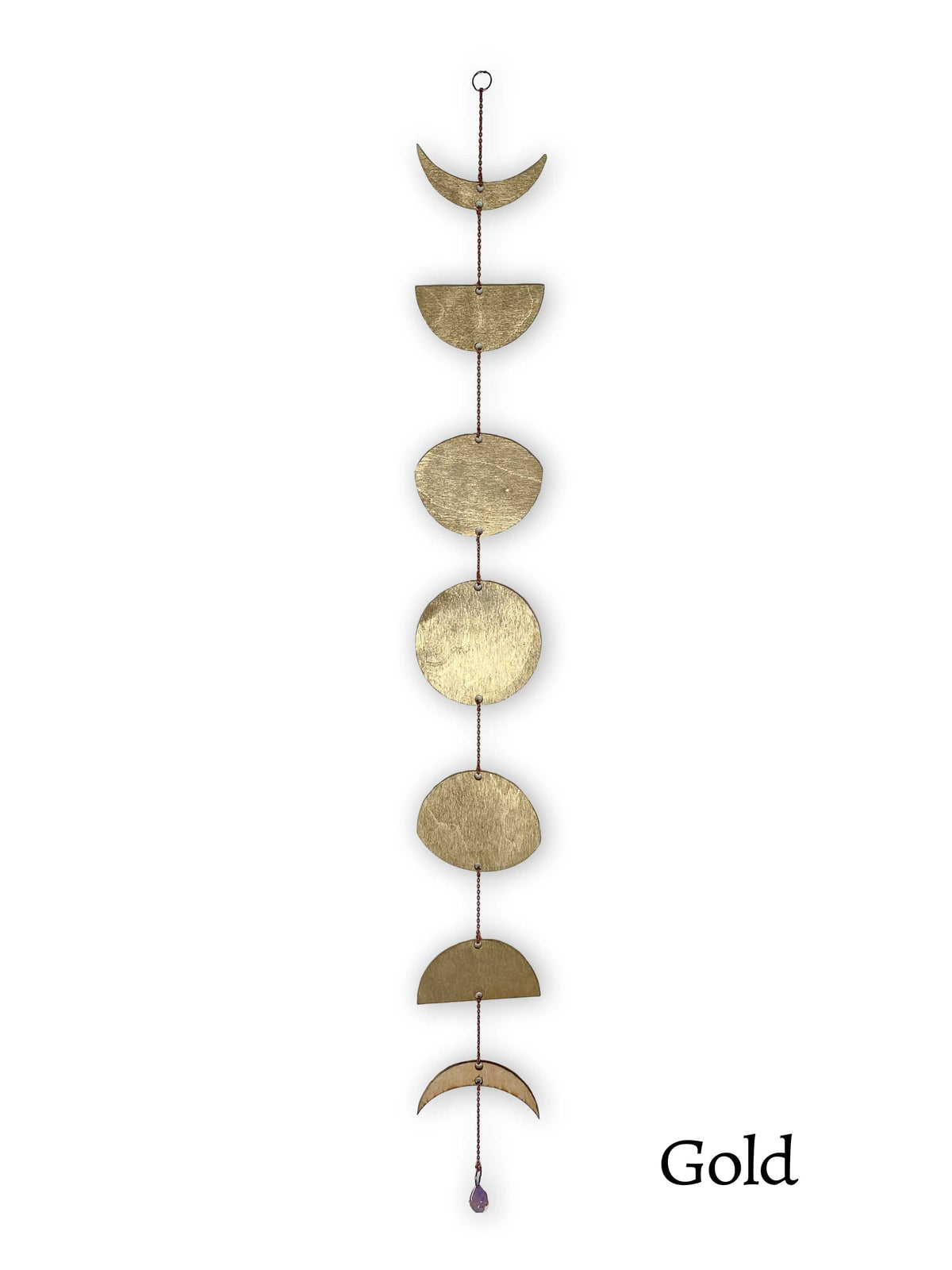 The Gold Floral Phases of the Moon Garland with Amethyst by CSAcreative features five alternating crescent and full moon metal shapes, linked vertically by a chain, with Gold shown in the lower right corner.