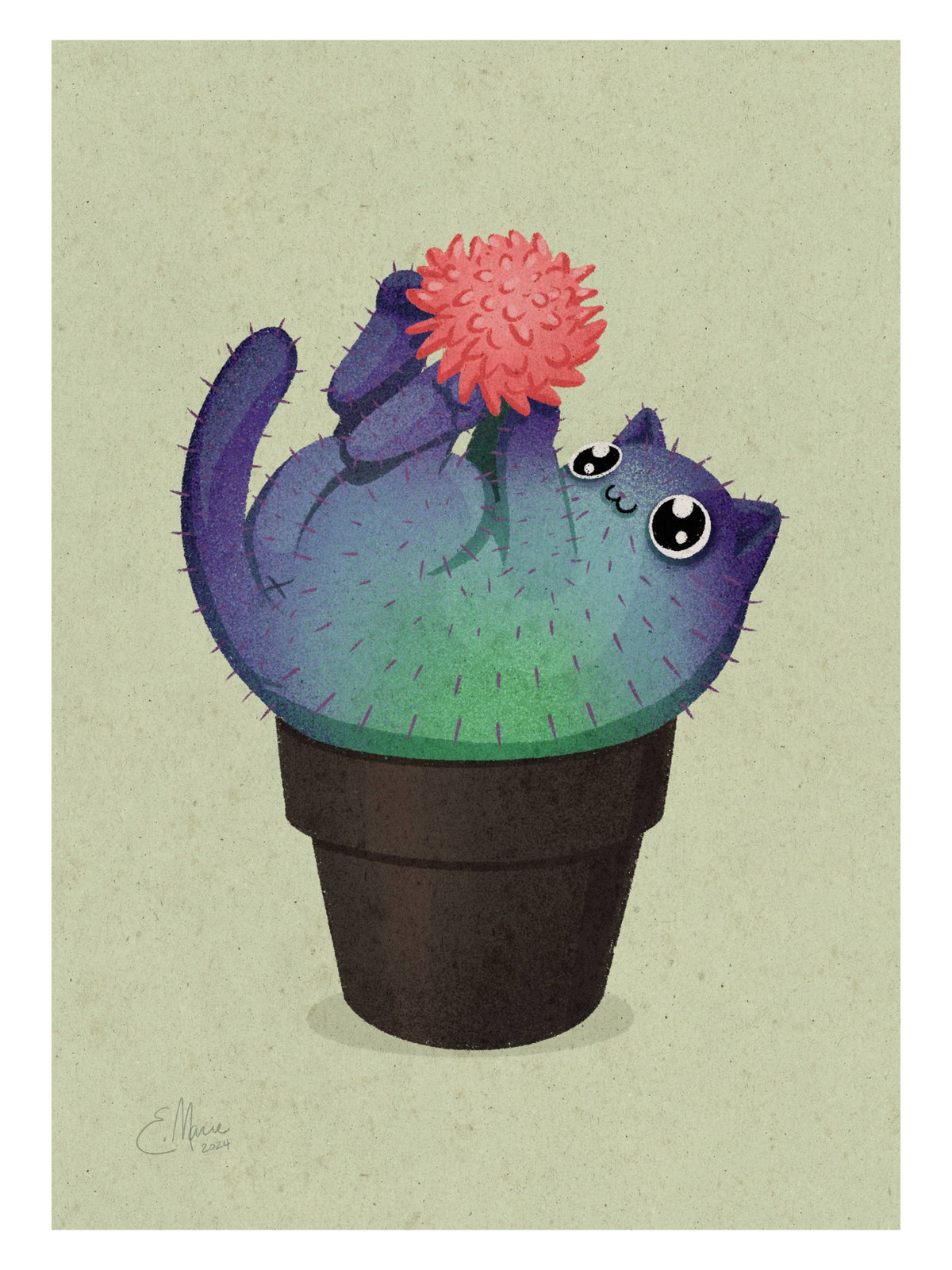 The Coral Prickly Purr Catcus Art Print (7x5) by Elissa Marie Creative features a whimsical curled-up cat cactus with green and purple hues, big eyes, a pink tail flower, and a black pot.