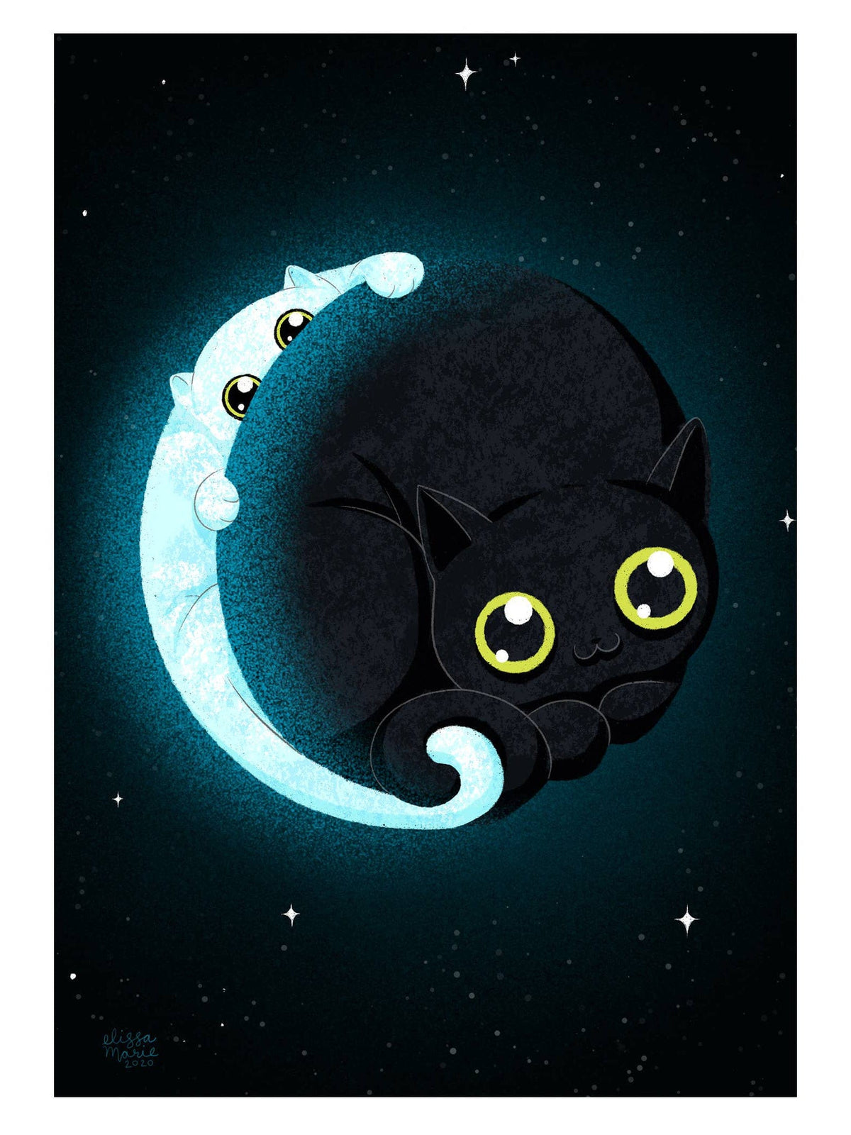 The Crescent Mewn Art Print (7 x 5) by Elissa Marie Creative features a glowing white cat and a black cat curled in a yin-yang shape, their eyes wide, floating in a starry sky—a celestial scene inspired by the moon’s phases.
