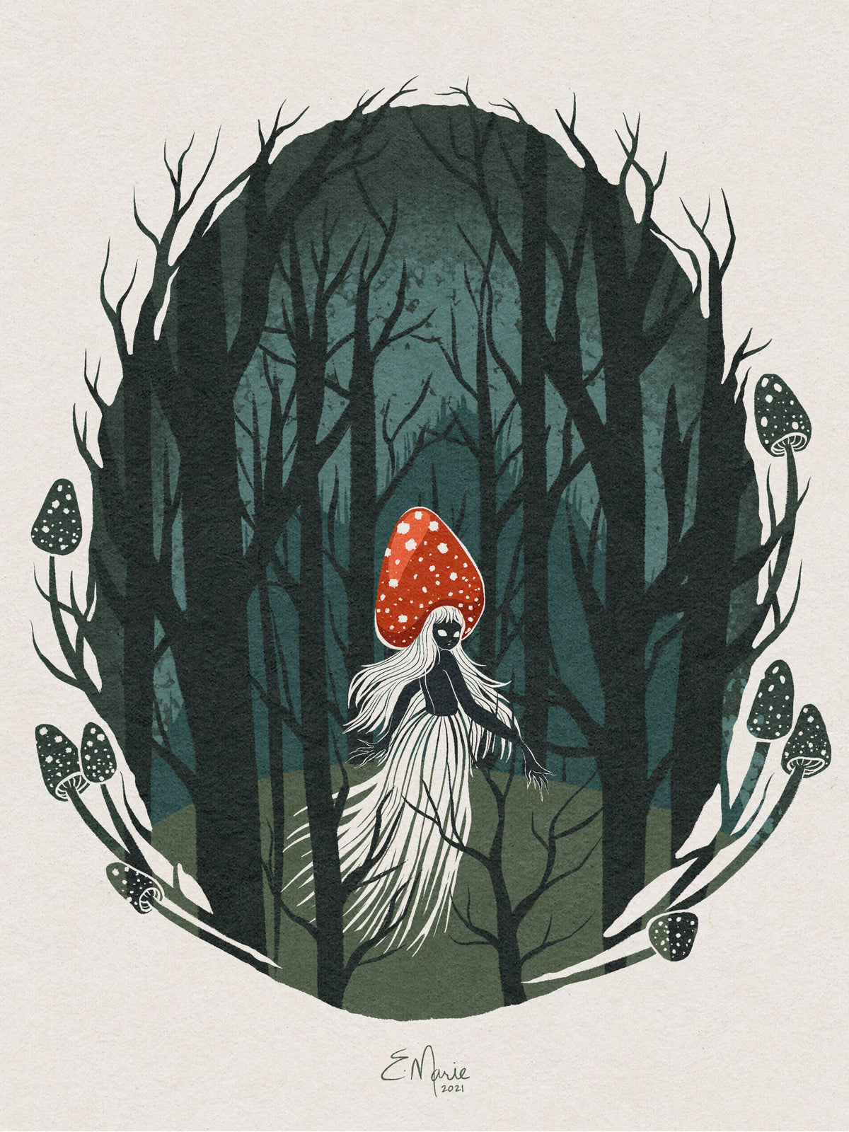 The Forest Mushie Art Print (10 x 8) by Elissa Marie Creative features a mystical figure with long white hair and a red mushroom cap, standing in a dark forest—ideal whimsical wall art or an enchanting mushie nymph decor piece.