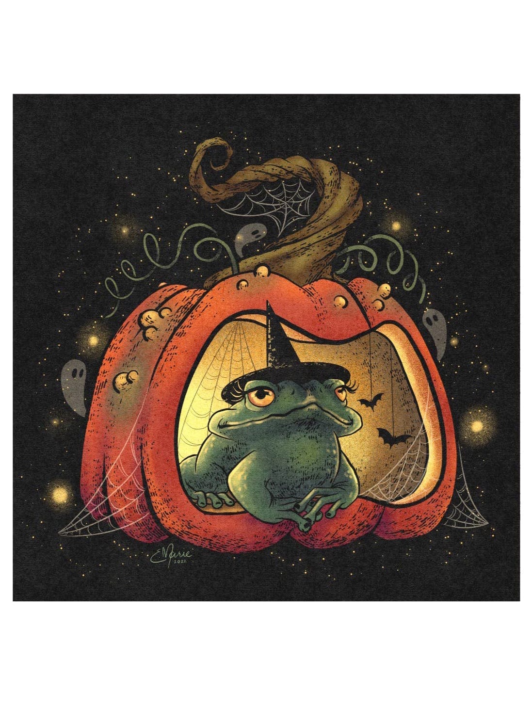 The My Hoppy Place 8x8 art print by Elissa Marie Creative features a grumpy green toad witch in a pumpkin house with spider webs, glowing lights, ghosts, and a bat—a whimsical Halloween scene for your enchanted forest décor.