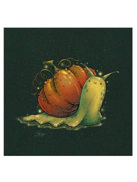 The Pumpkin Snail Art Print (8 x 8) by Elissa Marie Creative features a cute green snail in front of a large orange pumpkin on a dark, whimsical background—perfect for spooky season décor or as unique wall art.