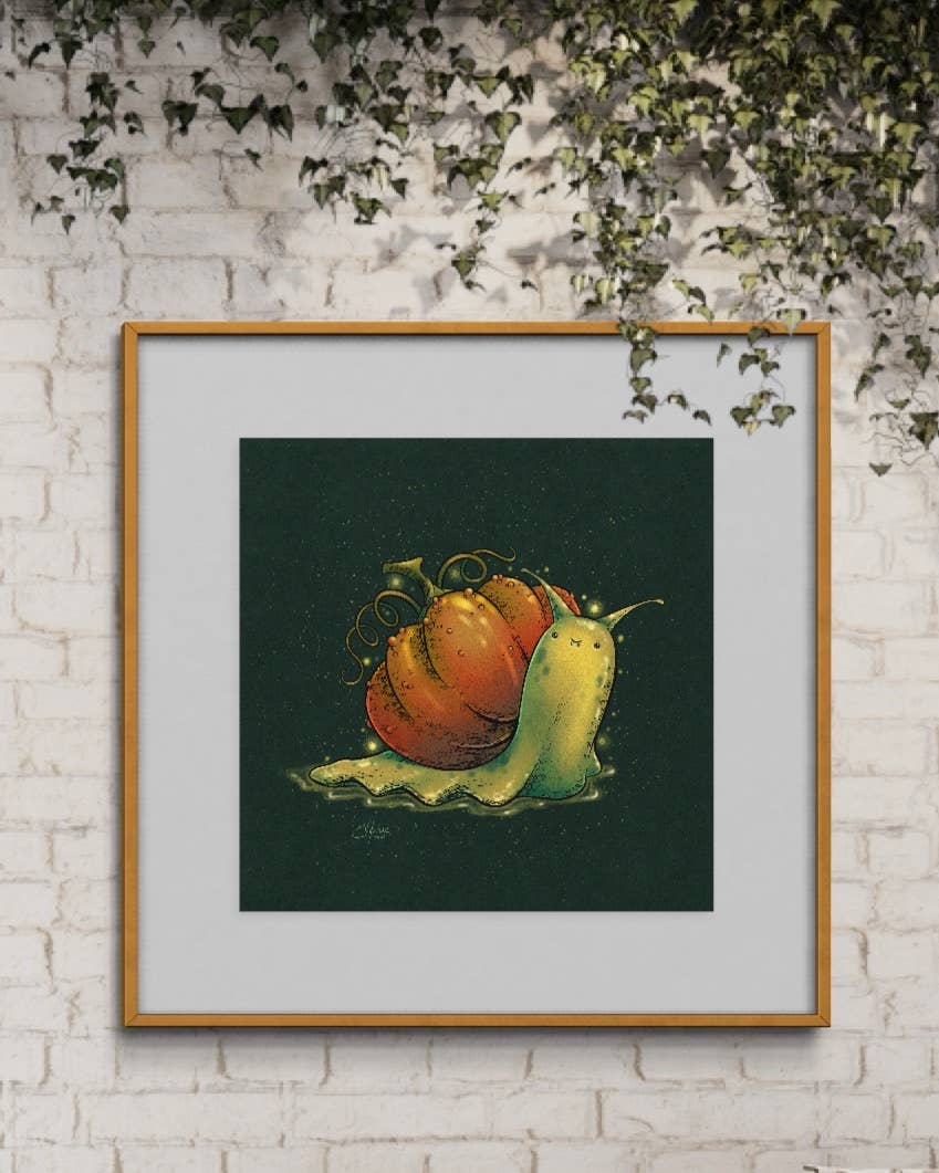 The Pumpkin Snail Art Print (8 x 8) by Elissa Marie Creative features a pale yellow snail carrying an orange pumpkin on a dark background, making it perfect wall decor for spooky season.