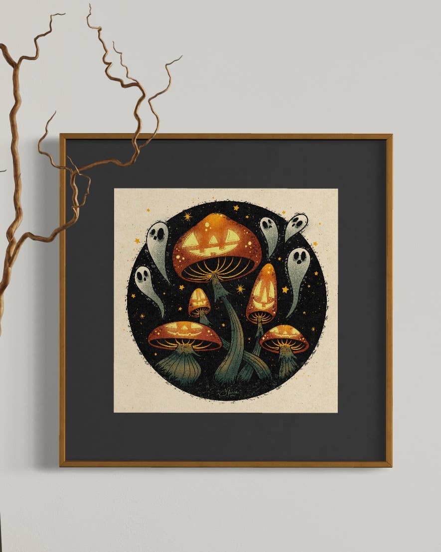 The Wicked Woods Art Print by Elissa Marie Creative features jack-o-lantern mushrooms with glowing faces, ghosts, and stars on a black circle against beige. This 8 x 8 vintage-inspired Halloween decor adds spooky charm to any space.