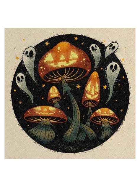 The Wicked Woods Art Print (8 x 8) by Elissa Marie Creative features glowing jack-o-lantern mushrooms with carved faces, yellow stars, and smiling ghosts on a dark background—a charming vintage-inspired Halloween decor piece.