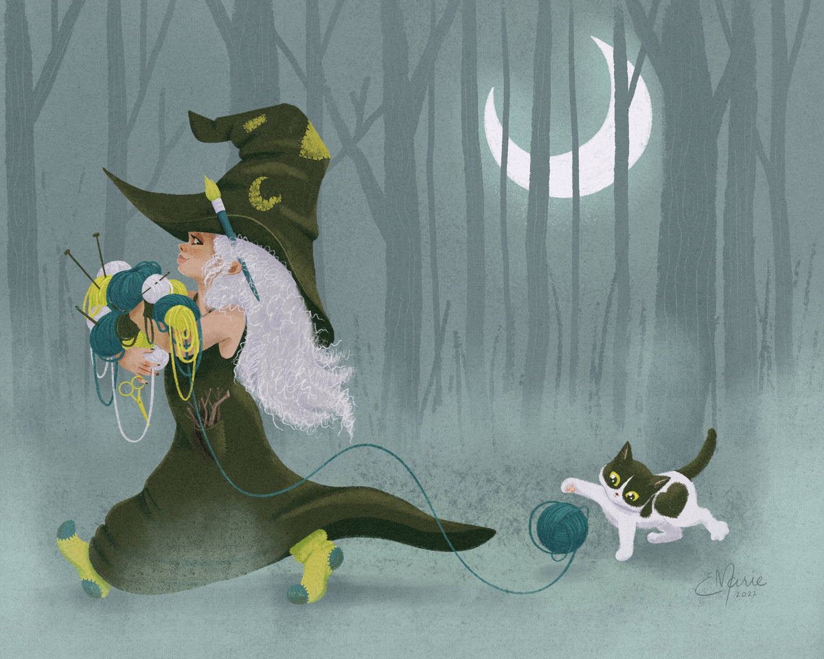 The Witch Crafts Art Print (8 x 10) by Elissa Marie Creative features an elderly witch with white hair and a green outfit, knitting as her black-and-white cat chases blue yarn through a magical moonlit forest.