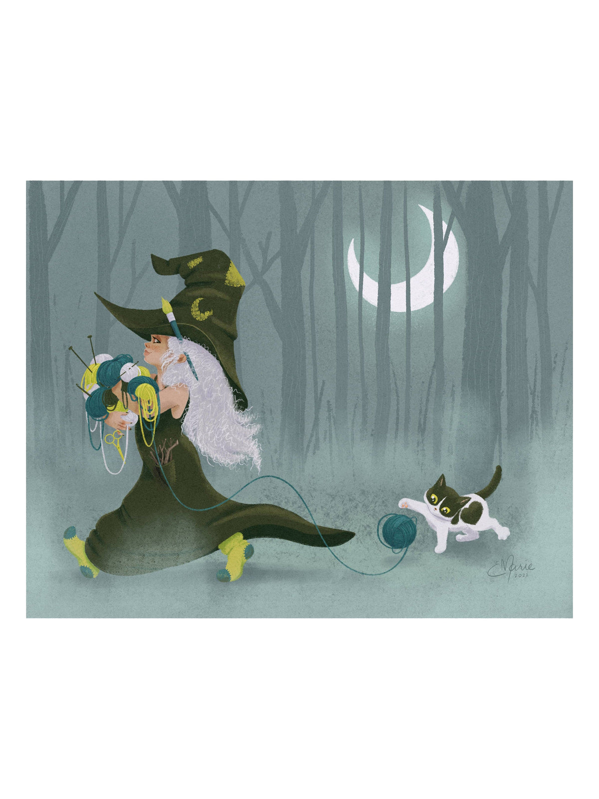 The Witch Crafts Art Print by Elissa Marie Creative (8x10) features a whimsical witch in green with yarn, joined by a playful black and white cat beneath a crescent moon—perfect for fans of enchanting crafternoon adventures.
