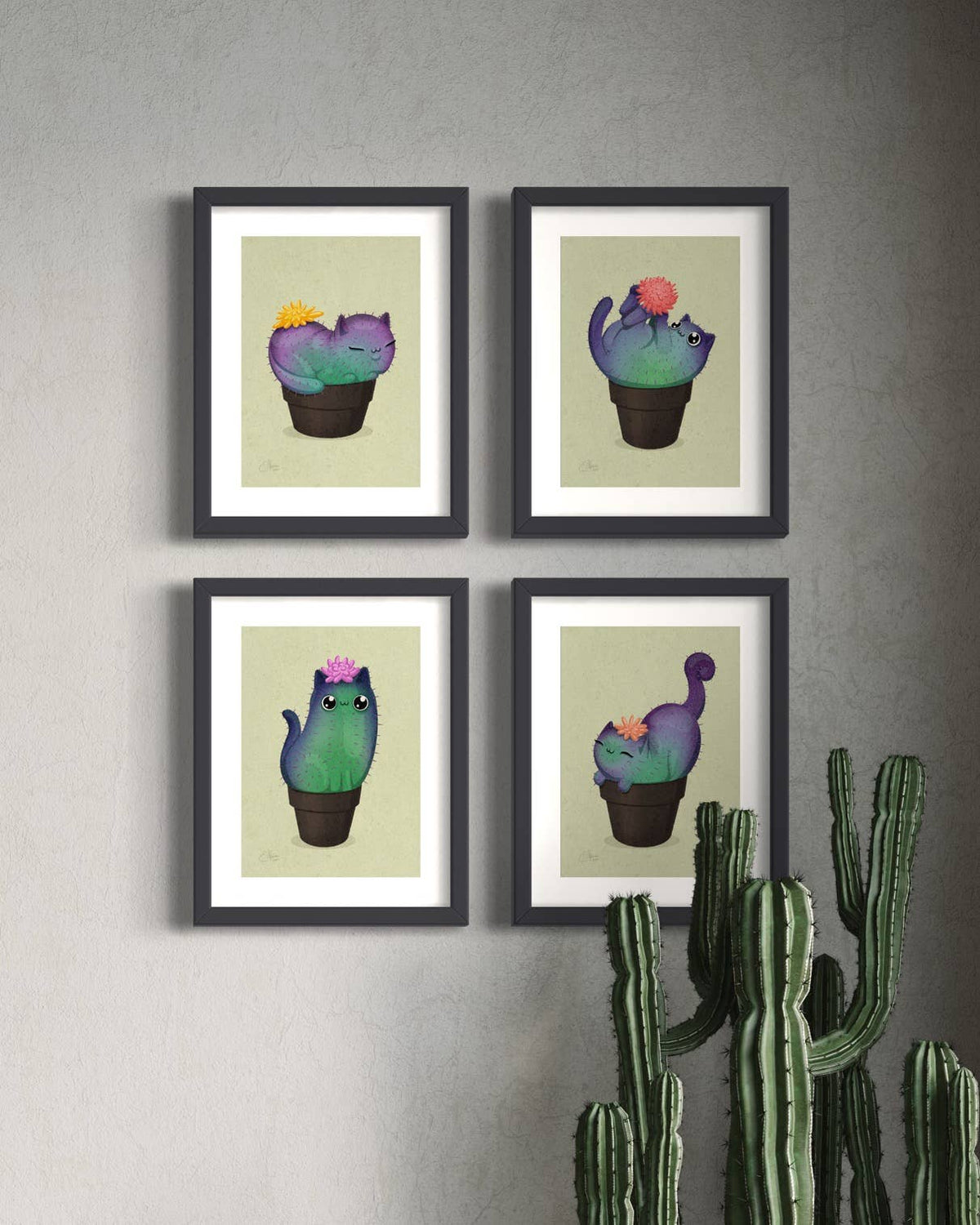 Elissa Marie Creatives Yellow Prickly Purr Catcus 7x5 art print features a whimsical cactus-cat in a pot, perfect for brightening your wall with playful charm above real plants.